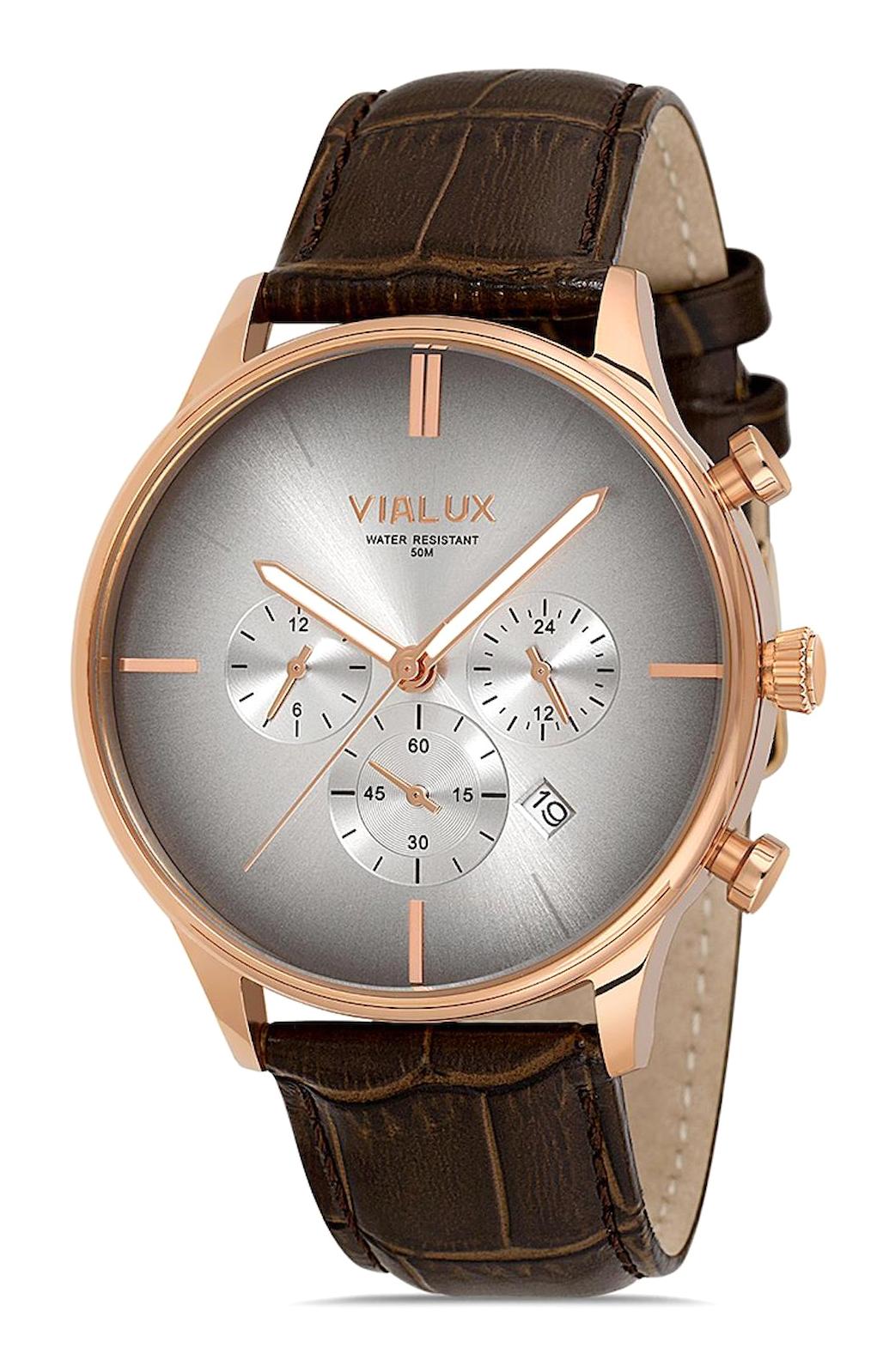 Vialux VX515R-02KR Takvimli 43.5 mm Kahverengi Deri Kordon Analog Erkek Kol Saati