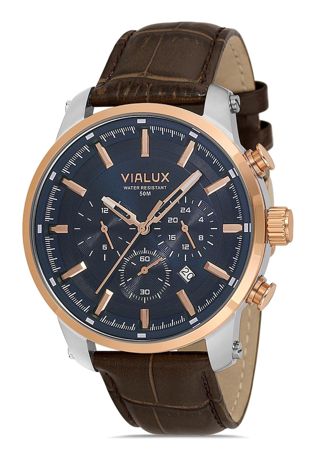 Vialux VX529T-11KR Takvimli 45 mm Kahverengi Deri Kordon Analog Erkek Kol Saati