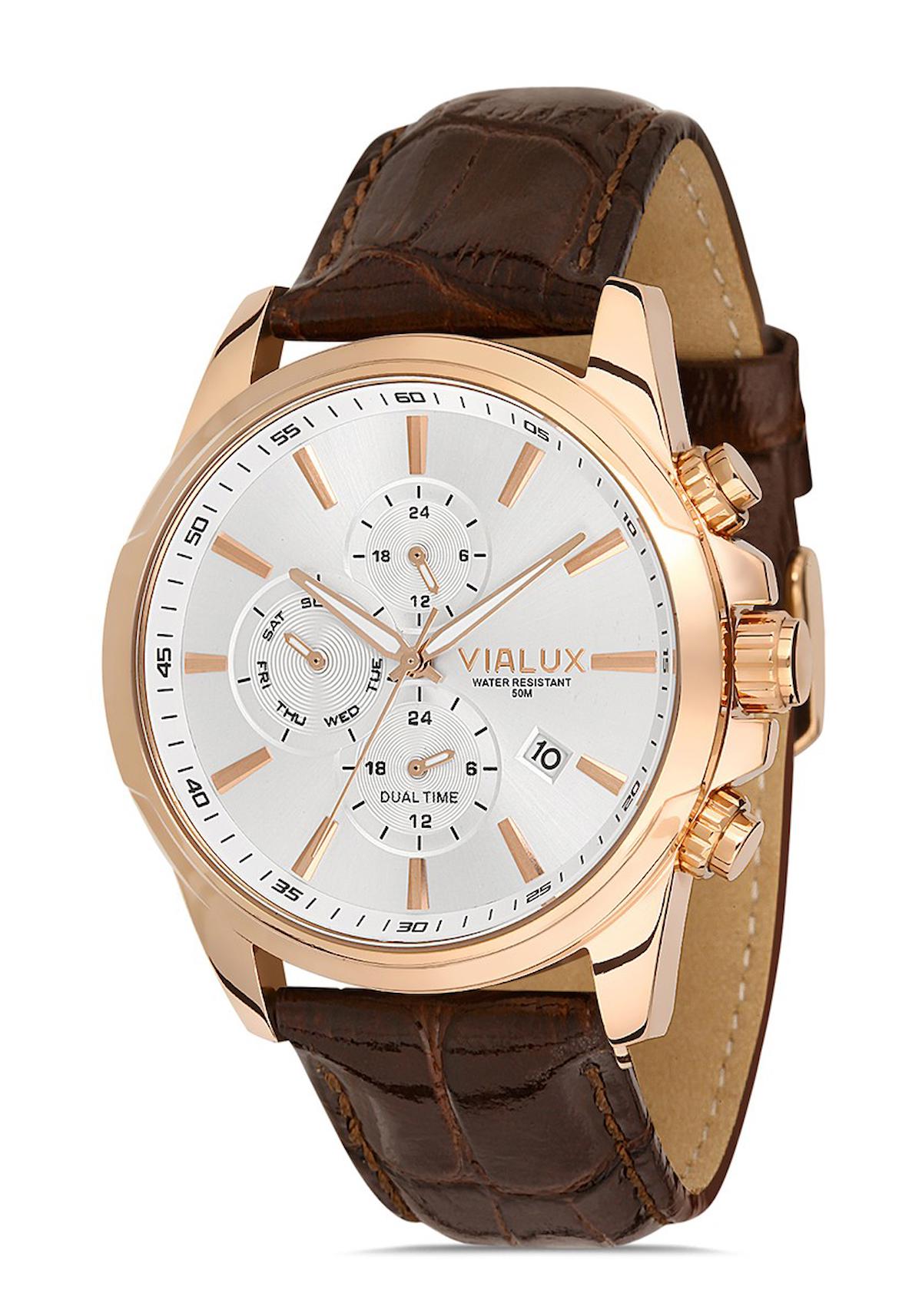 Vialux VX572R-02KR Takvimli 45 mm Kahverengi Deri Kordon Analog Erkek Kol Saati