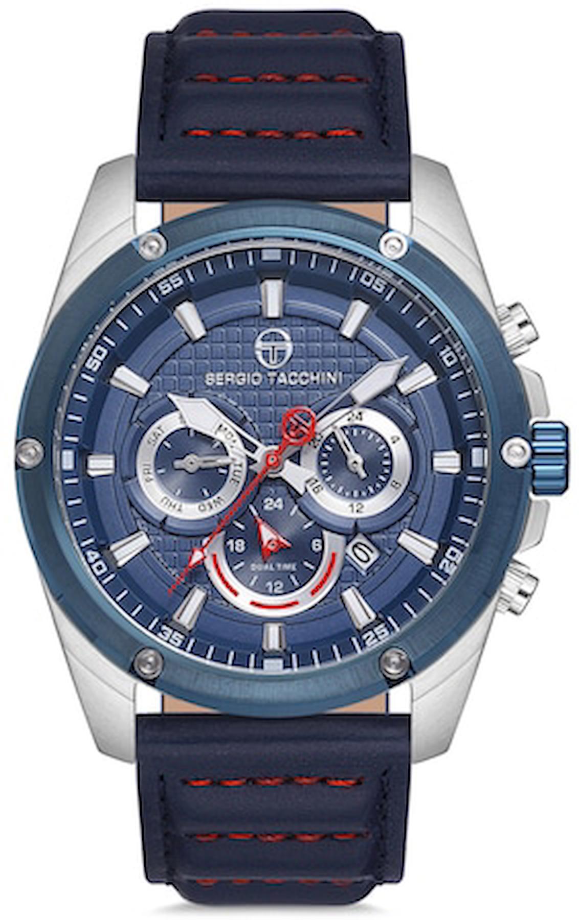 Sergio Tacchini ST.1.10134.3 Takvimli 45 mm Lacivert Deri Kordon Analog Erkek Kol Saati