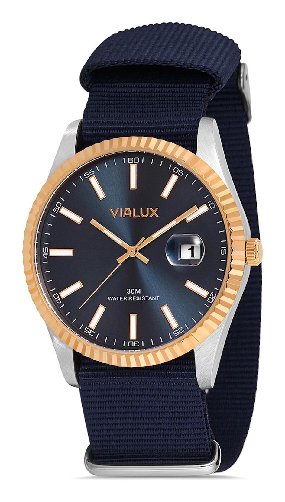 Vialux AS502T-11NR Takvimli 41 mm Lacivert Nato Kordon Analog Erkek Kol Saati