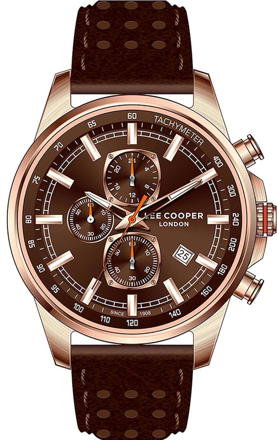 Lee Cooper LC07647.444 Takvimli 45 mm Kahverengi Deri Kordon Analog Erkek Kol Saati