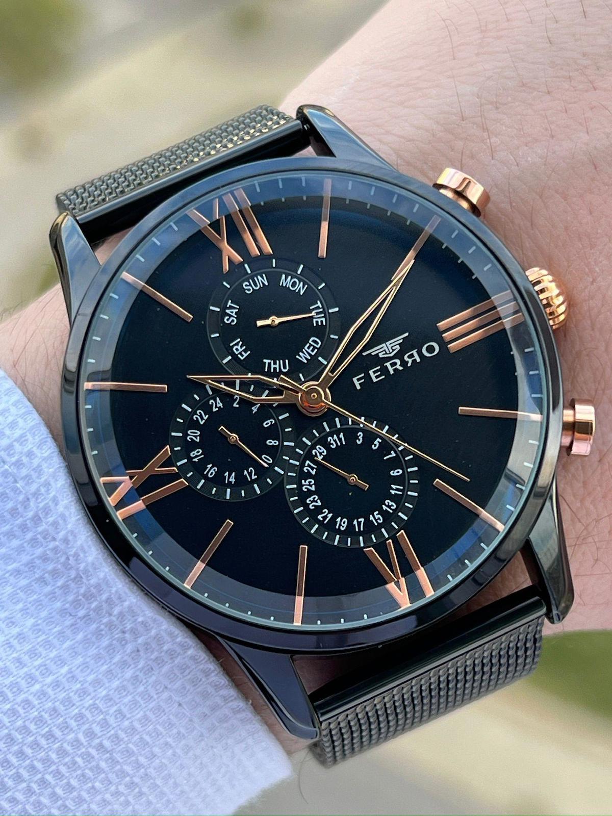 Ferro ETM1536 Su Geçirmez Pusulalı Takvimli 44 mm Siyah Çelik Kordon Analog Erkek Kol Saati