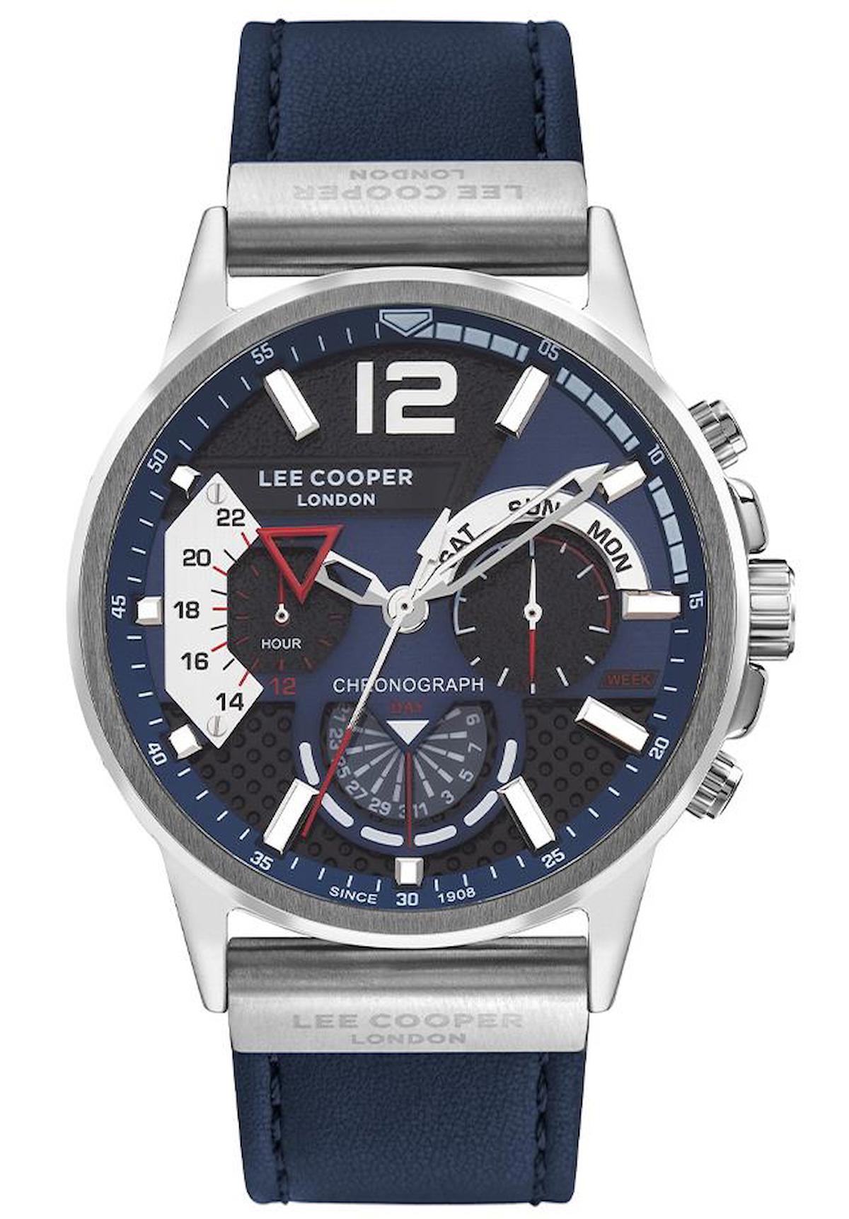Lee Cooper LC07614.399 Takvimli Mavi Deri Kordon Analog Erkek Kol Saati