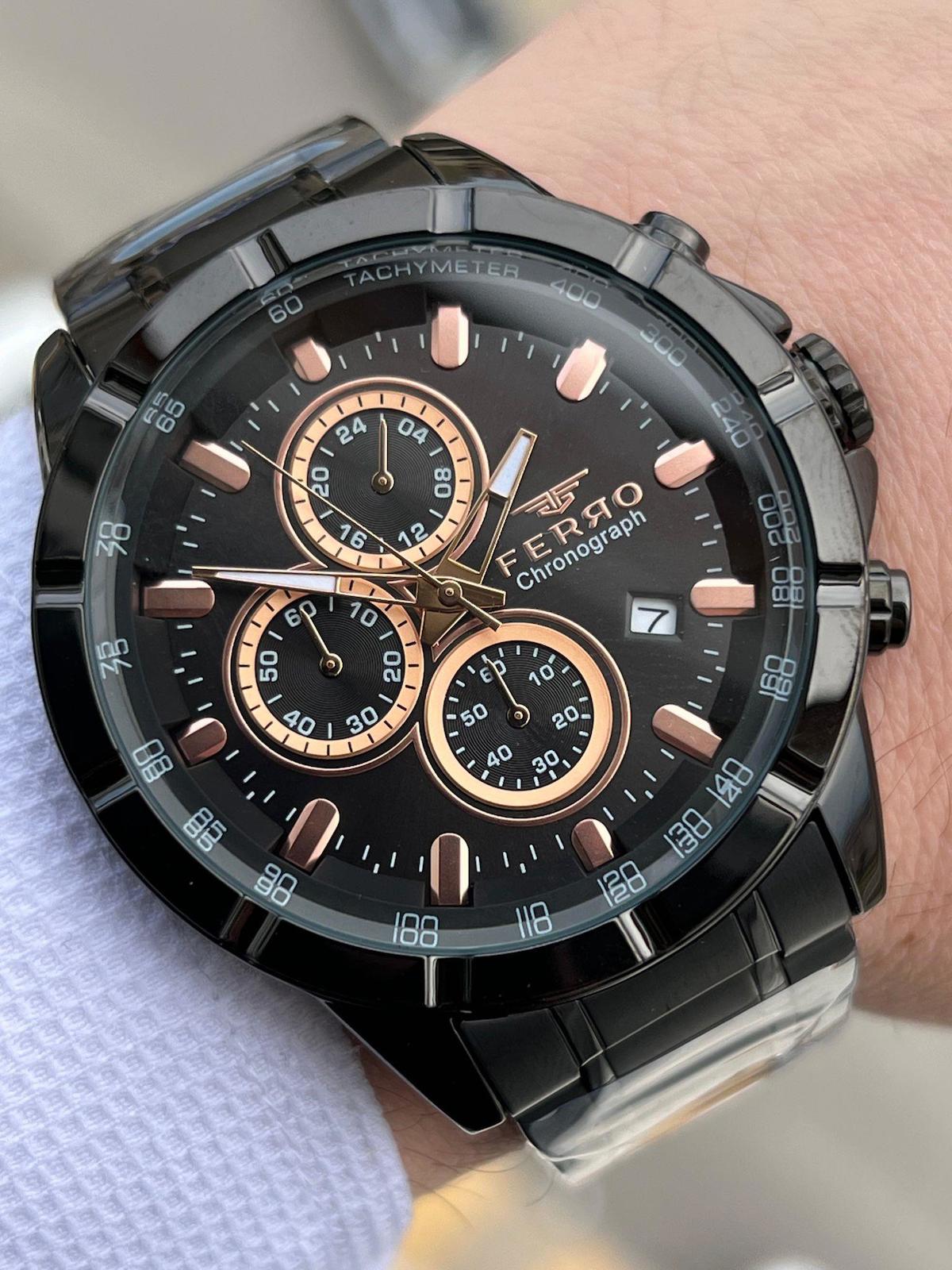 Ferro XF0041 Su Geçirmez Takvimli 44 mm Siyah Çelik Kordon Analog Erkek Kol Saati