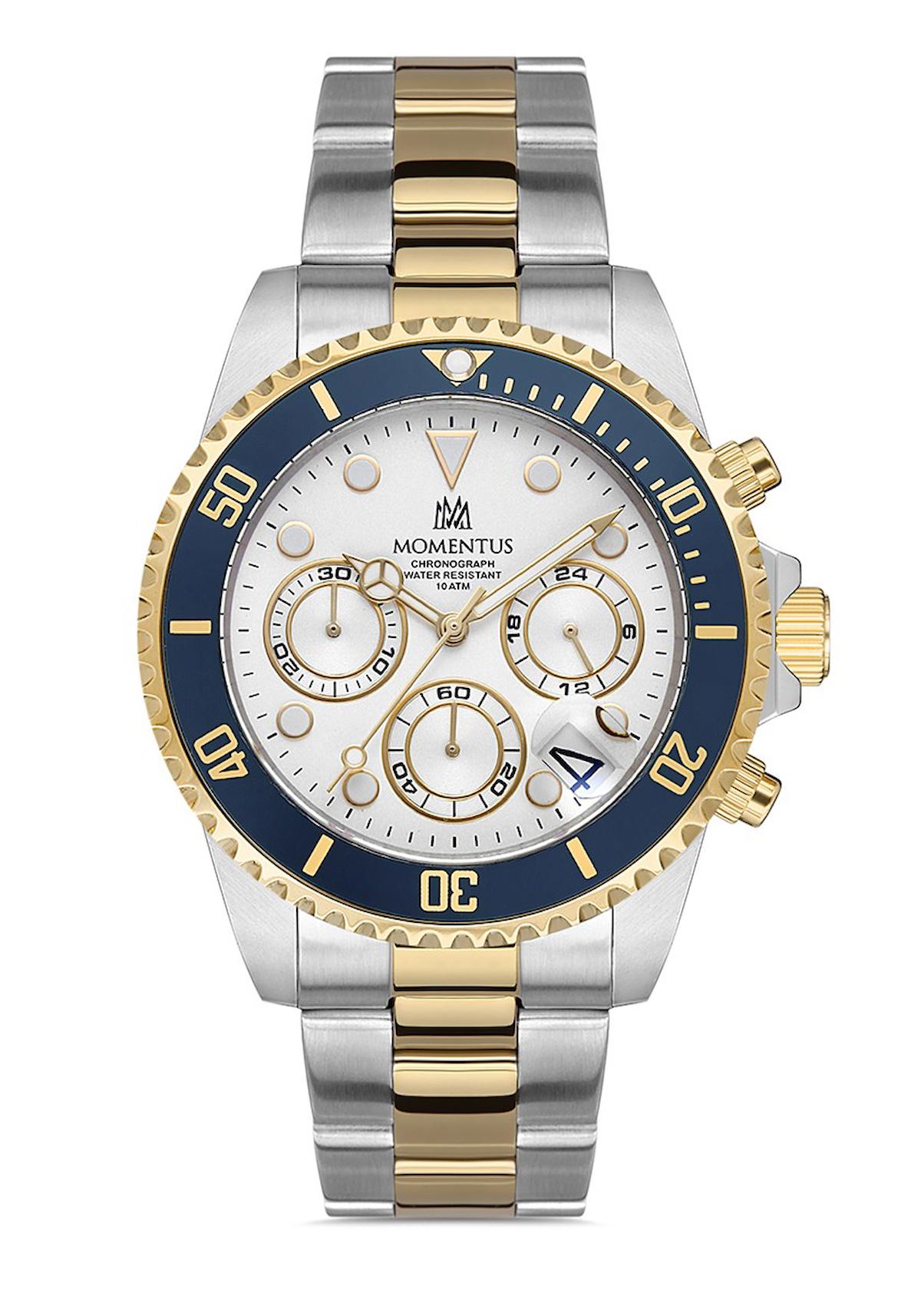 Momentus SM361T-02SG Takvimli 44 mm Altın-Çelik Kordon Analog Erkek Kol Saati