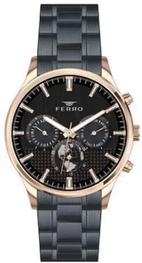 Ferro TH-FM31215A-R Pusulalı Takvimli 45 mm Siyah Çelik Kordon Analog Erkek Kol Saati
