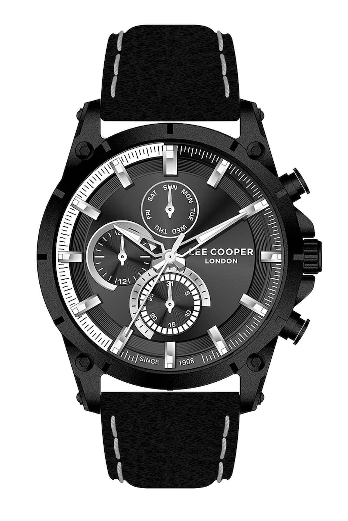 Lee Cooper LC07531.351-NM Takvimli 44 mm Siyah Deri Kordon Analog Kol Saati