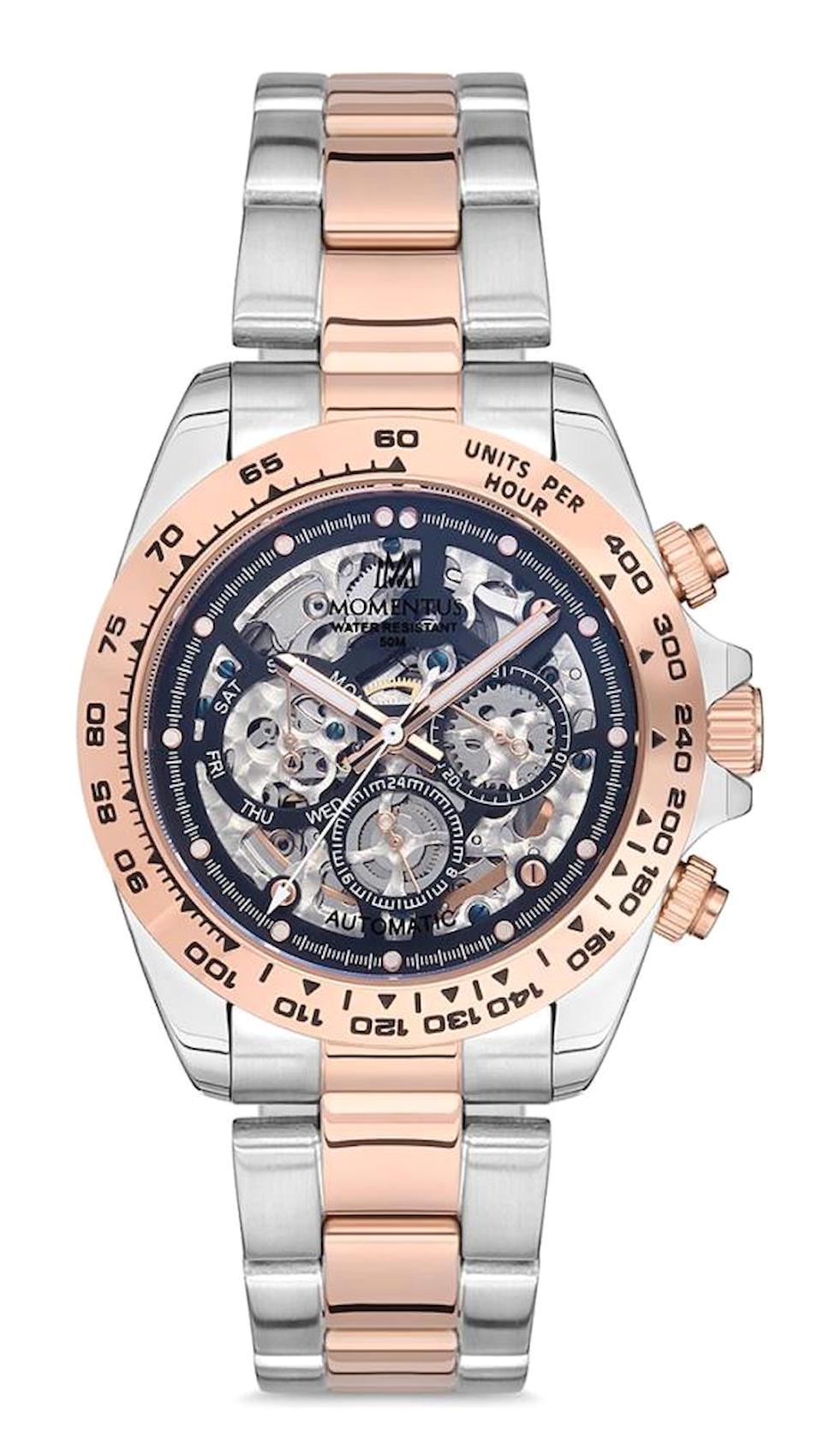 Momentus TM287T-04SR Takvimli 39 mm Gri-Rose Gold Çelik Kordon Analog Erkek Kol Saati