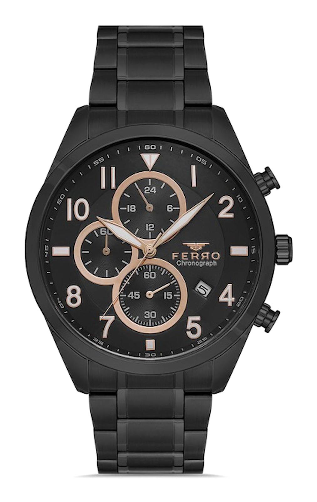 Ferro FM31454A-G Takvimli 44 mm Siyah Metal Kordon Analog Erkek Kol Saati