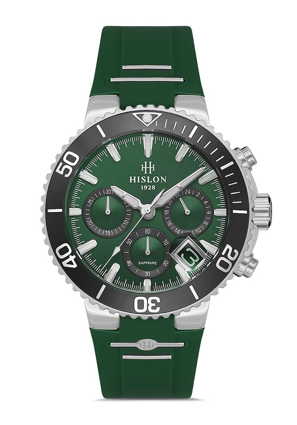 Hislon MS147T-15YN Pusulalı Takvimli 43 mm Yeşil Silikon Kordon Analog Erkek Kol Saati