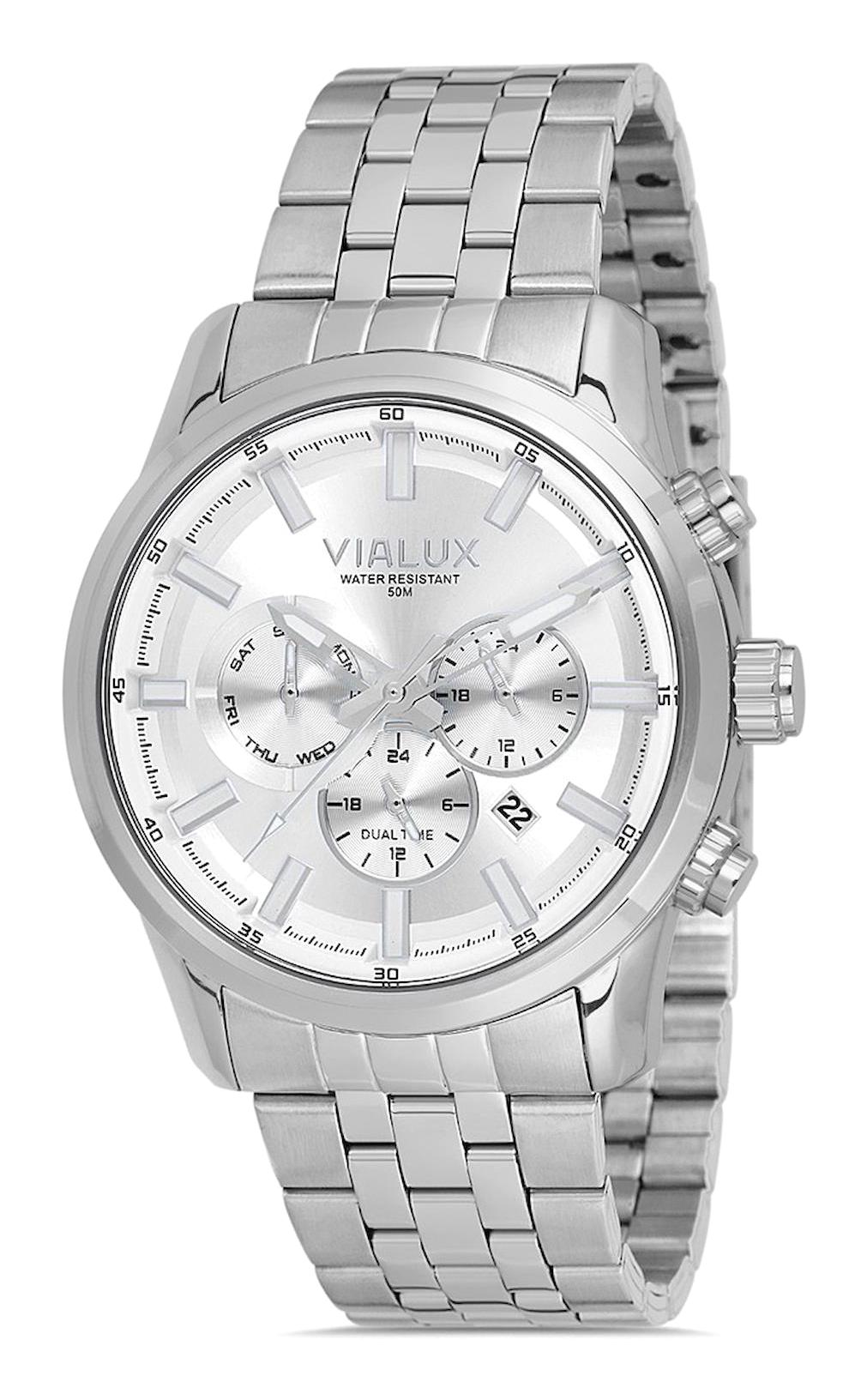Vialux VX578S-02SS Takvimli 45 mm Çelik Kordon Analog Erkek Kol Saati