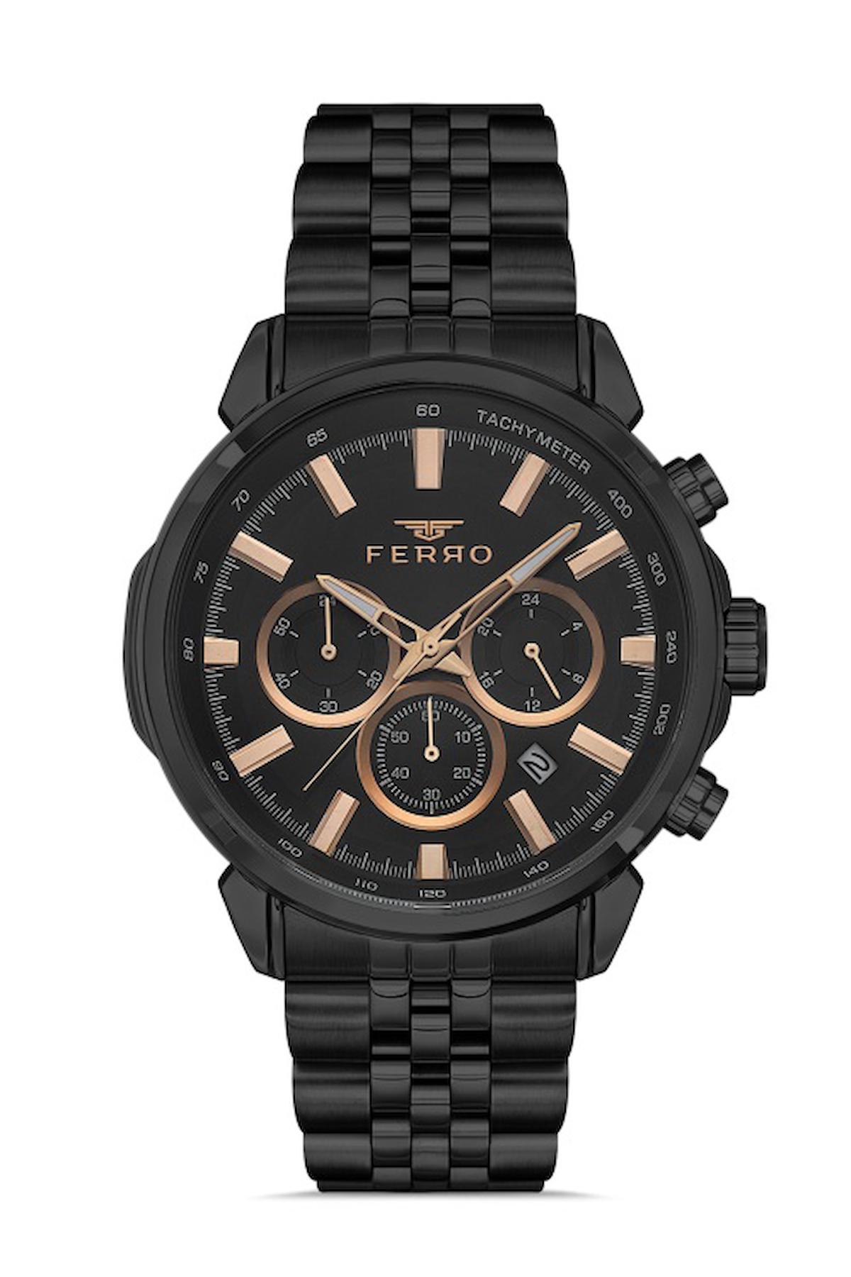 Ferro FM31375A-G Takvimli 45 mm Siyah Metal Kordon Analog Erkek Kol Saati