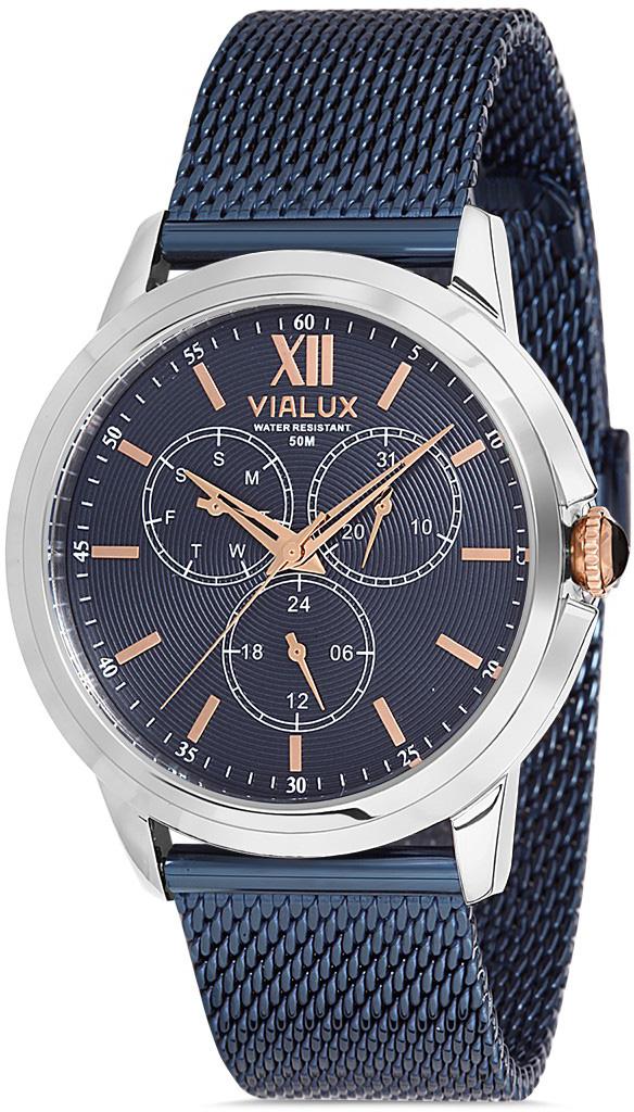 Vialux VX530S-11SR Takvimli 43 mm Lacivert Çelik Kordon Analog Kol Saati