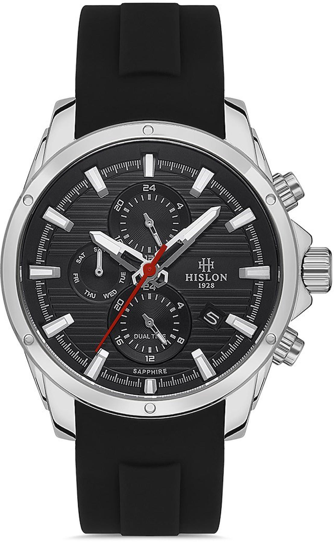 Hislon DT132S-04BS Pusulalı Takvimli 44 mm Siyah Silikon Kordon Analog Kol Saati