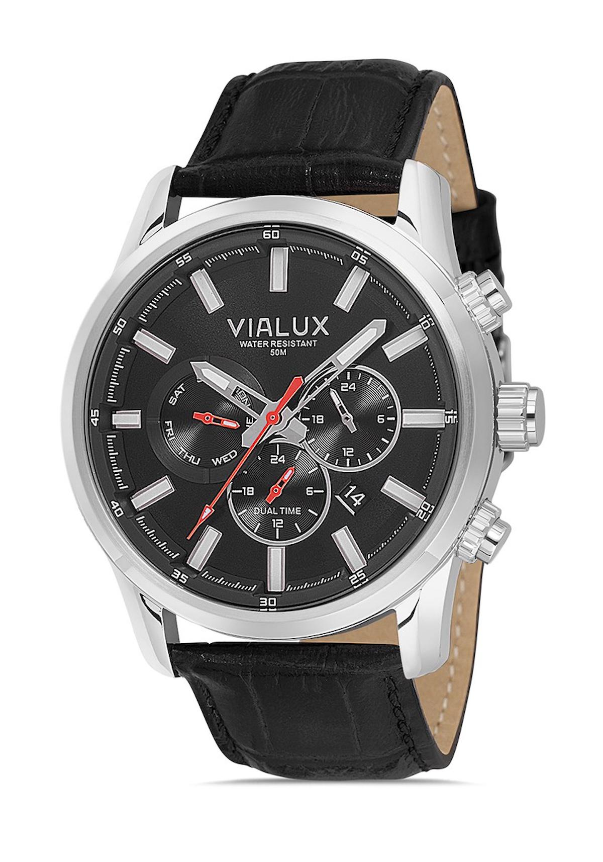 Vialux VX577S-04BS Takvimli 45 mm Siyah Deri Kordon Analog Erkek Kol Saati