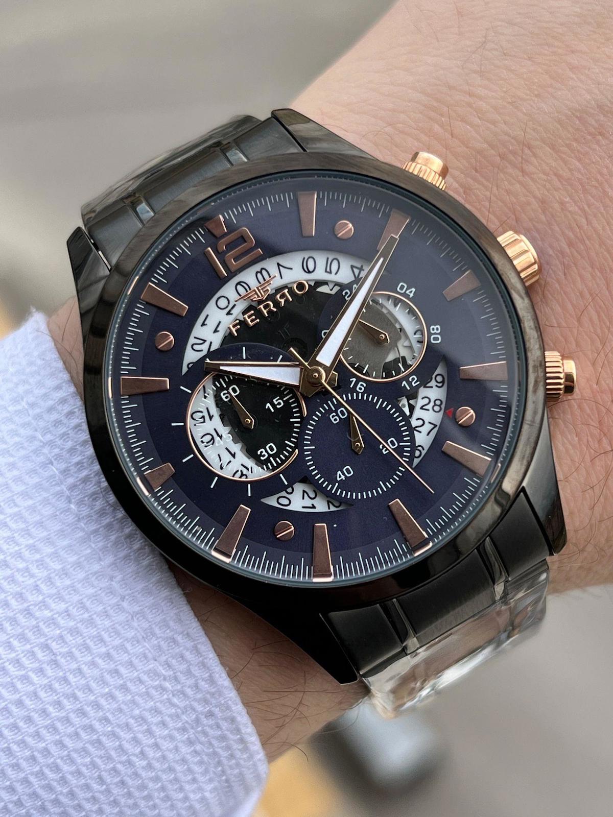 Ferro XF0029 Su Geçirmez Takvimli 44 mm Siyah Çelik Kordon Analog Erkek Kol Saati
