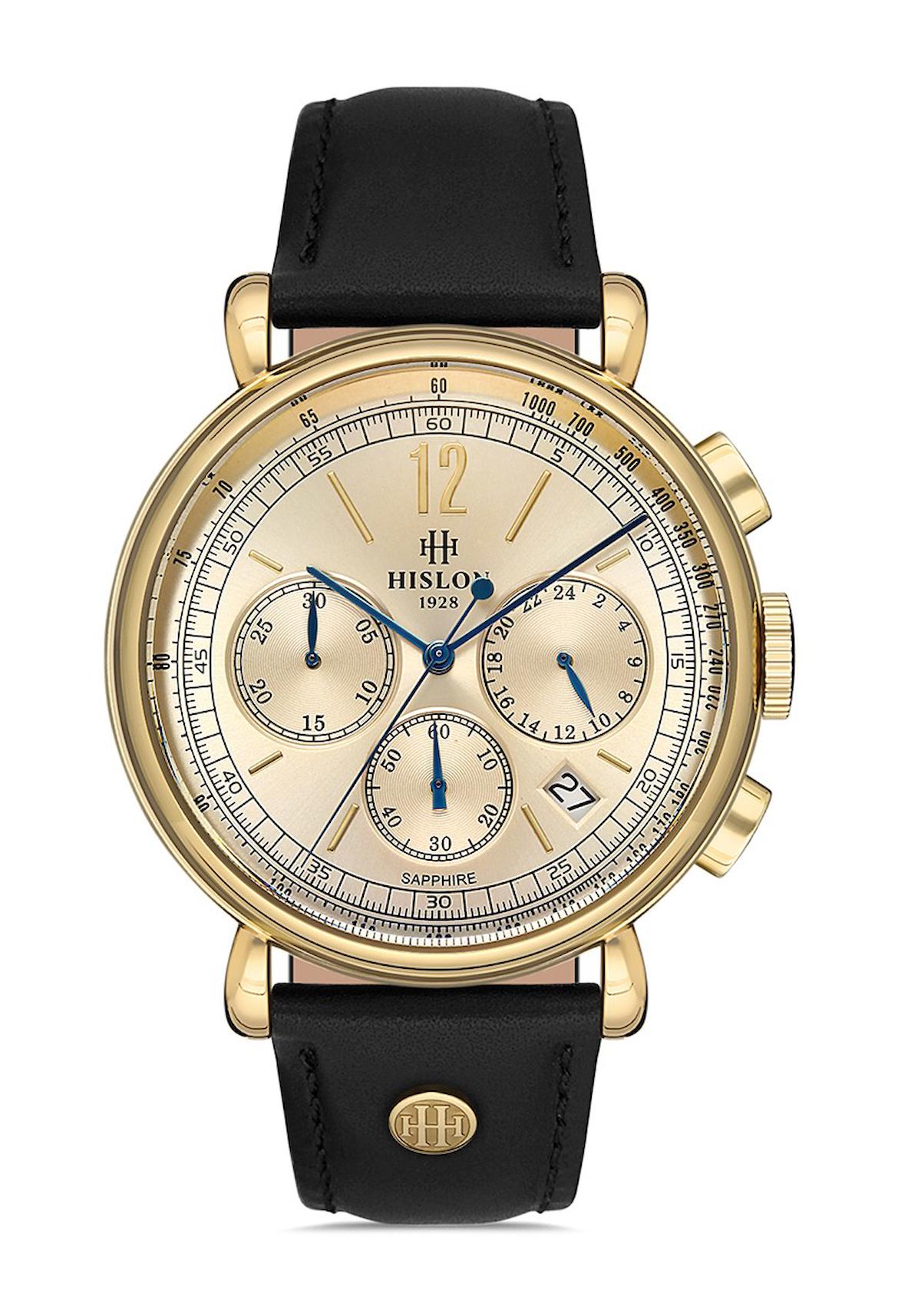 Hislon MS100G-08BG Takvimli 44 mm Siyah Deri Kordon Analog Erkek Kol Saati
