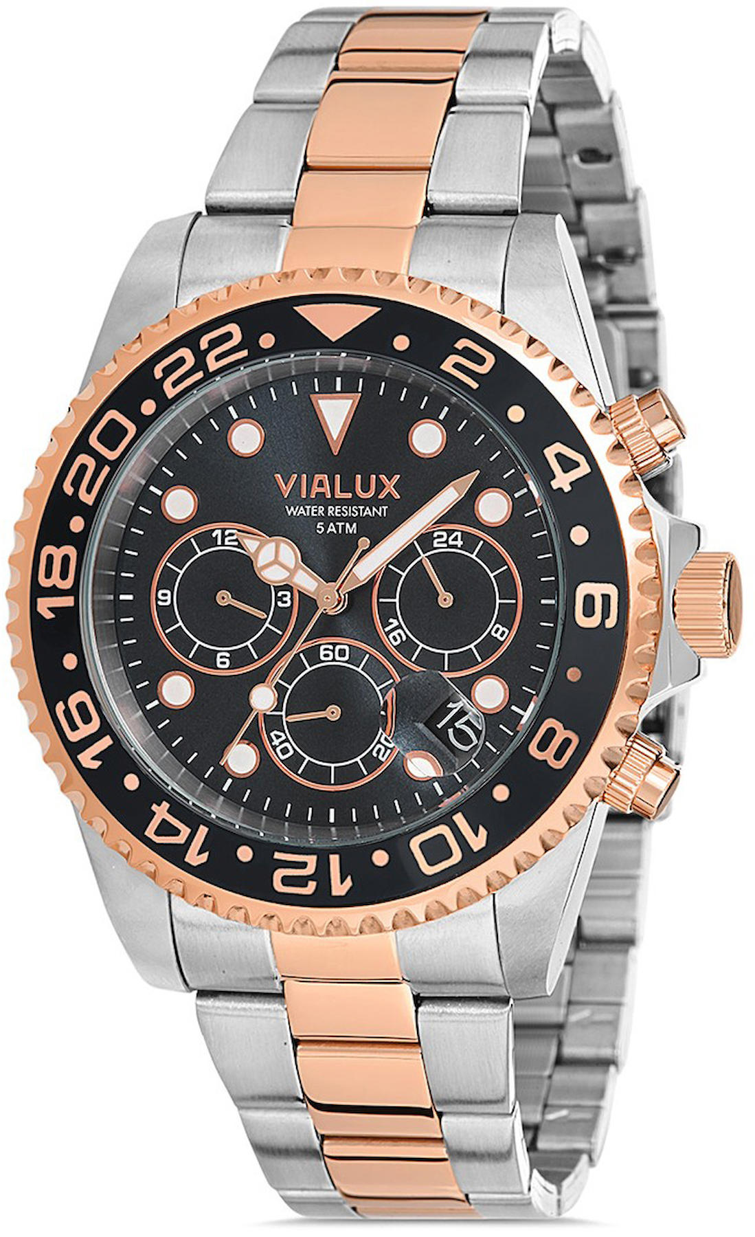 Vialux VX570T-04SB Takvimli 44 mm Rose Gold Çelik Kordon Analog Kol Saati