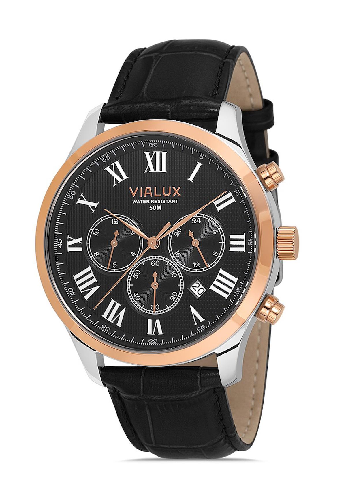 Vialux VX569T-04BR Takvimli 44 mm Siyah Deri Kordon Analog Erkek Kol Saati