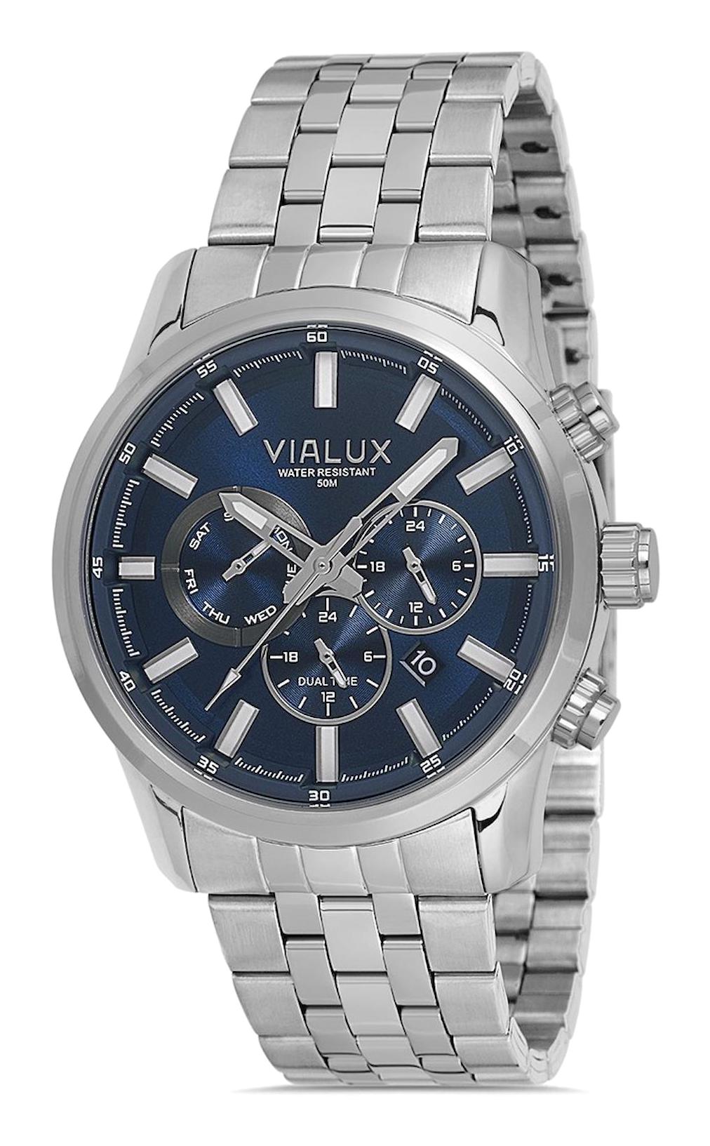 Vialux VX578S-11SS Takvimli 45 mm Çelik Kordon Analog Erkek Kol Saati