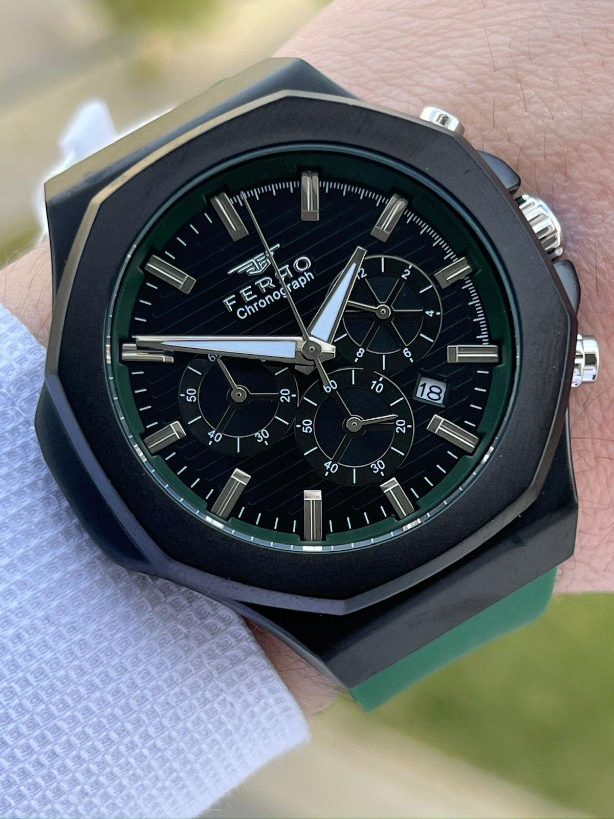 Ferro EF313948-ZJ Su Geçirmez Takvimli 44 mm Yeşil Silikon Kordon Analog Erkek Kol Saati