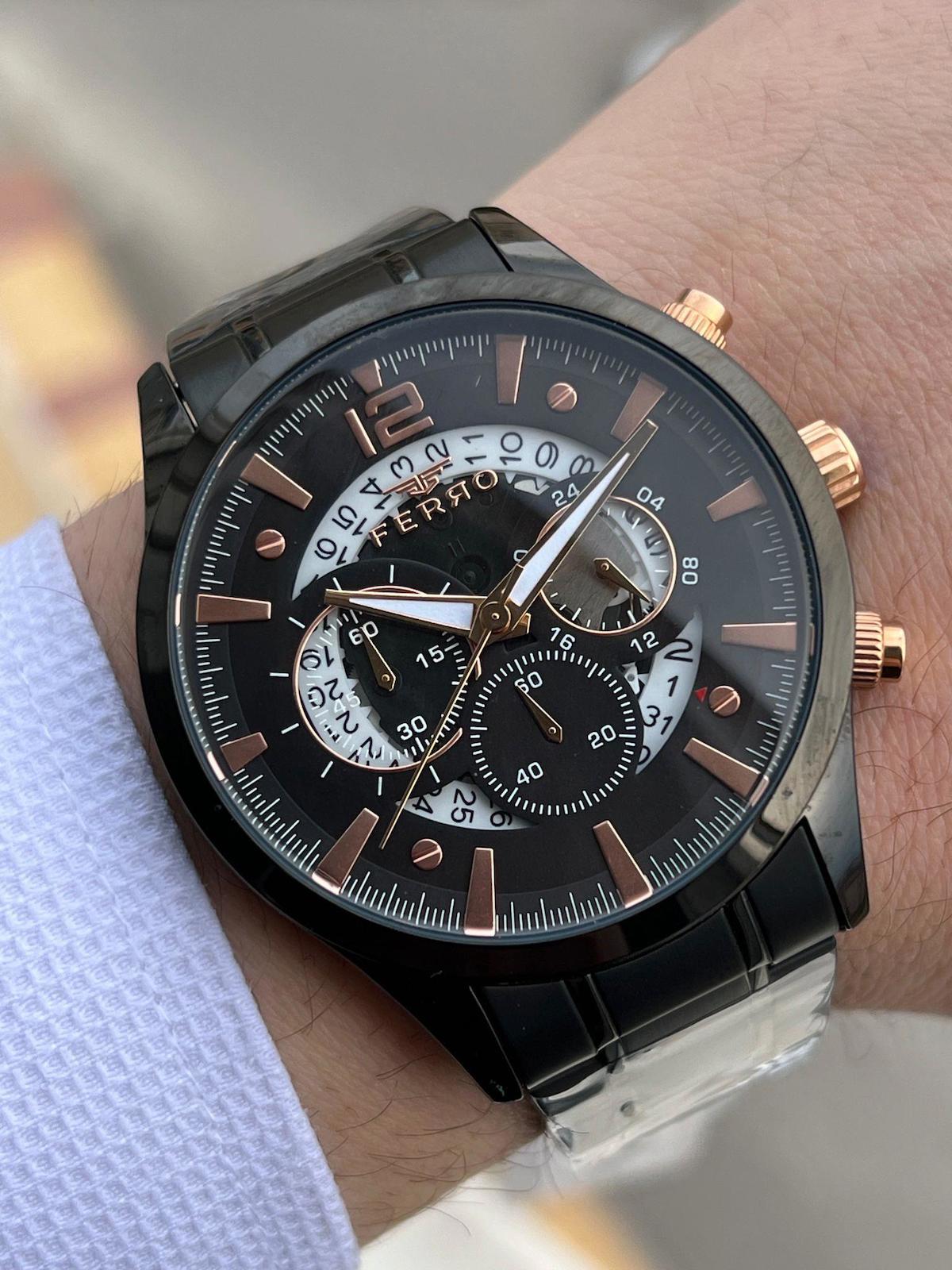 Ferro XF0024 Su Geçirmez Takvimli 44 mm Siyah Çelik Kordon Analog Erkek Kol Saati