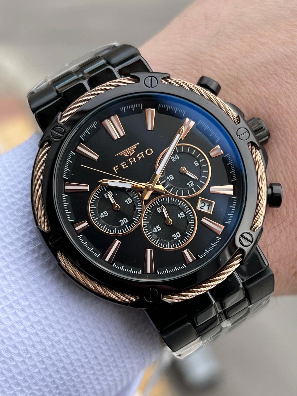 Ferro XF0032 Su Geçirmez Takvimli 44 mm Siyah Çelik Kordon Analog Erkek Kol Saati