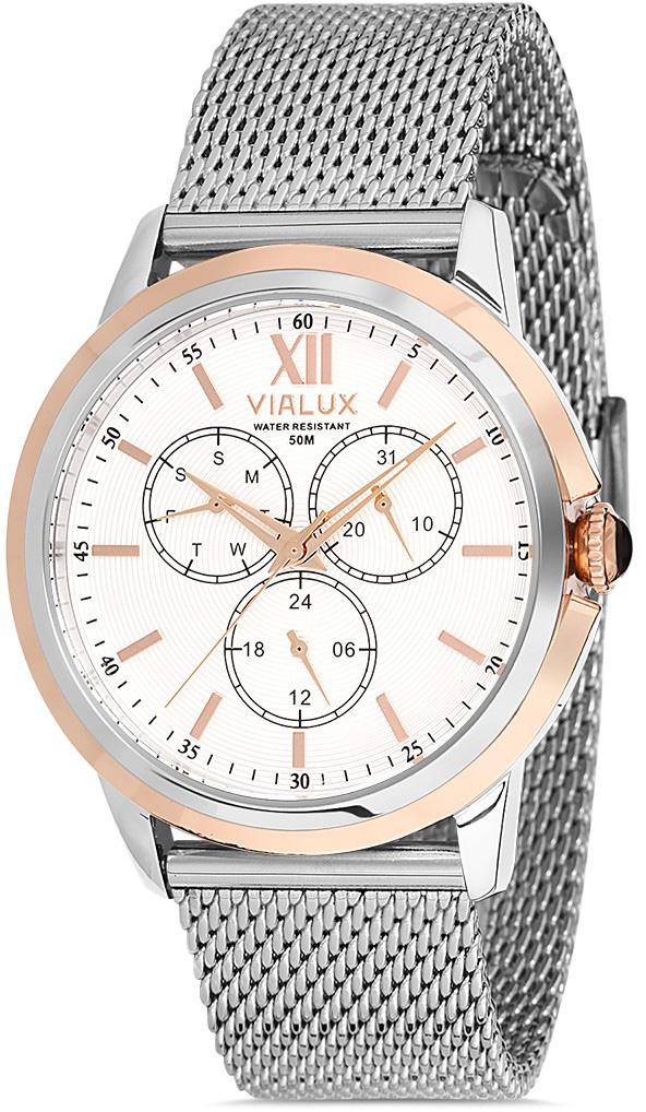 Vialux VX530T-02SR Takvimli 43 mm Çelik Kordon Analog Kol Saati