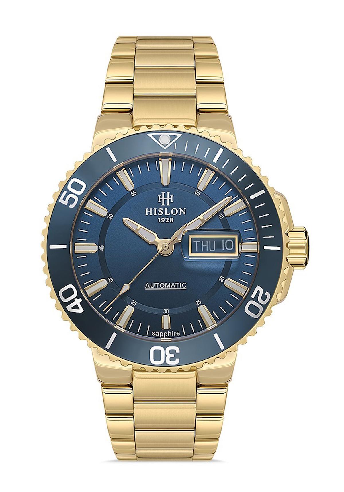 Hislon SD137G-11SG Takvimli 43 mm Altın Çelik Kordon Analog Erkek Kol Saati