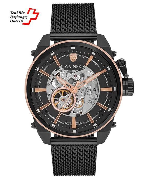 Wainer WA.25988-B 46 mm Siyah Çelik Kordon Analog Kol Saati