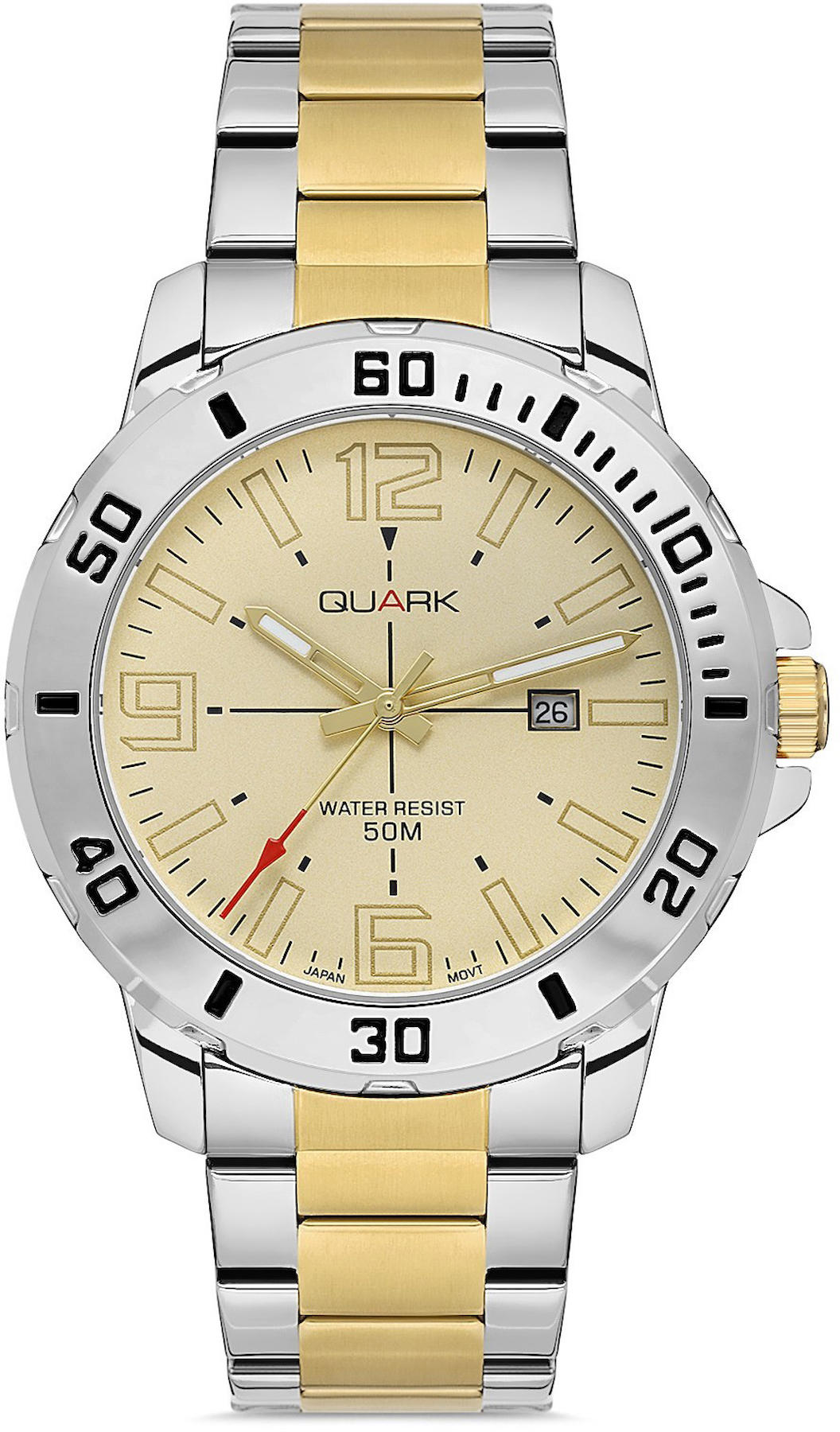 Quark QM-VD01SG-9B Takvimli 42 mm Altın-Çelik Kordon Analog Kol Saati