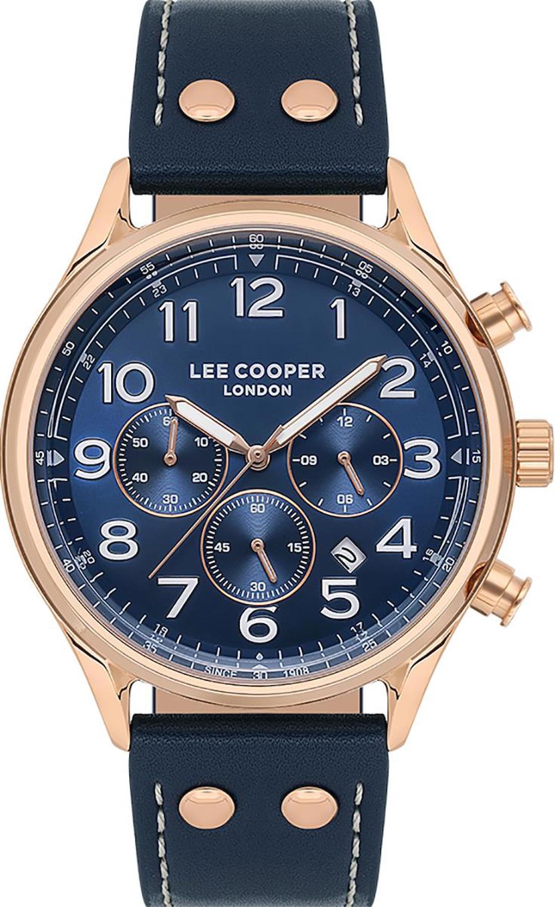 Lee Cooper LC07558.499 Takvimli 45 mm Lacivert Deri Kordon Analog Erkek Kol Saati