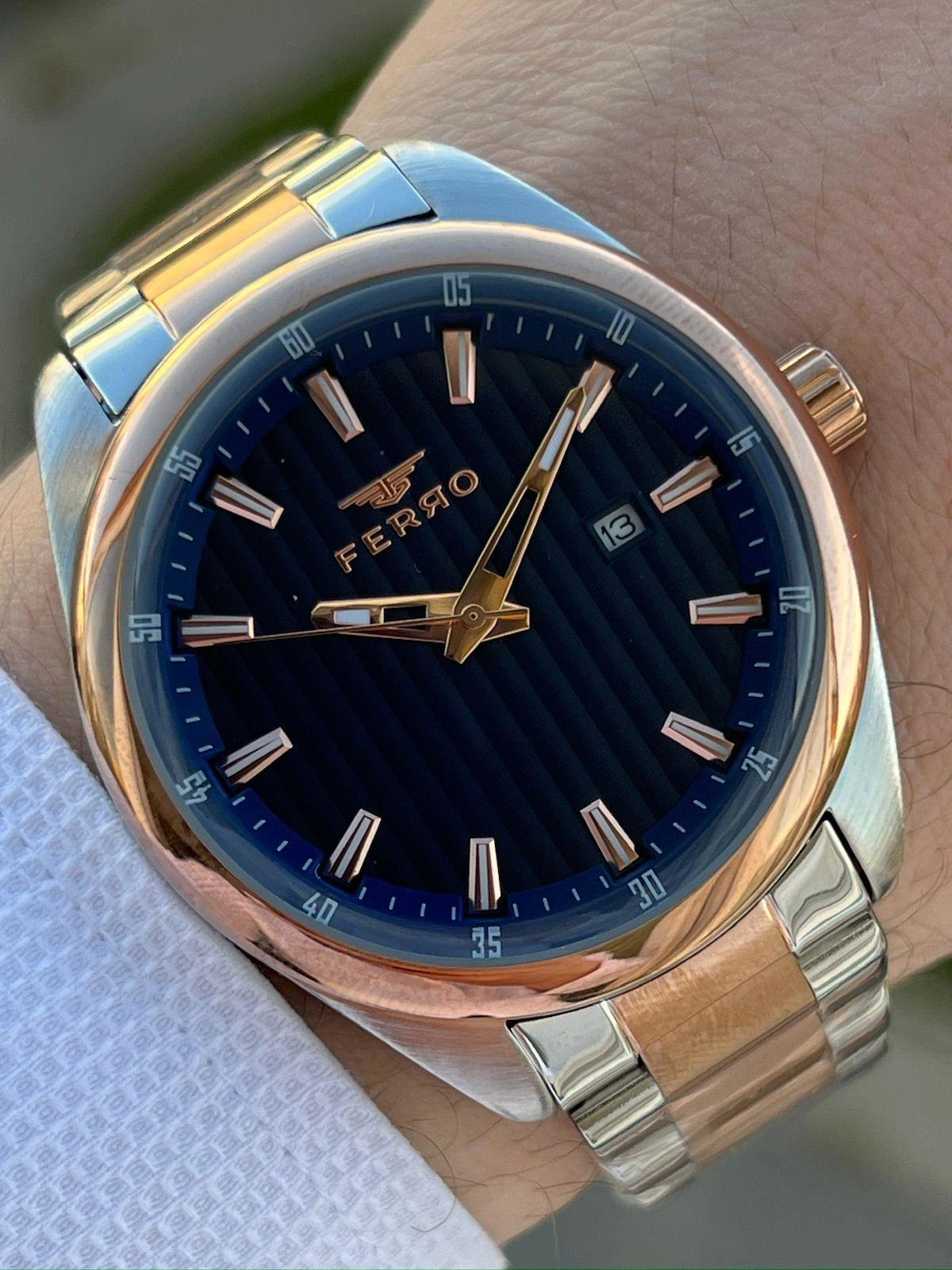 Ferro EFM11240-E3 Su Geçirmez Takvimli 44 mm Gri-Rose Gold Çelik Kordon Analog Erkek Kol Saati