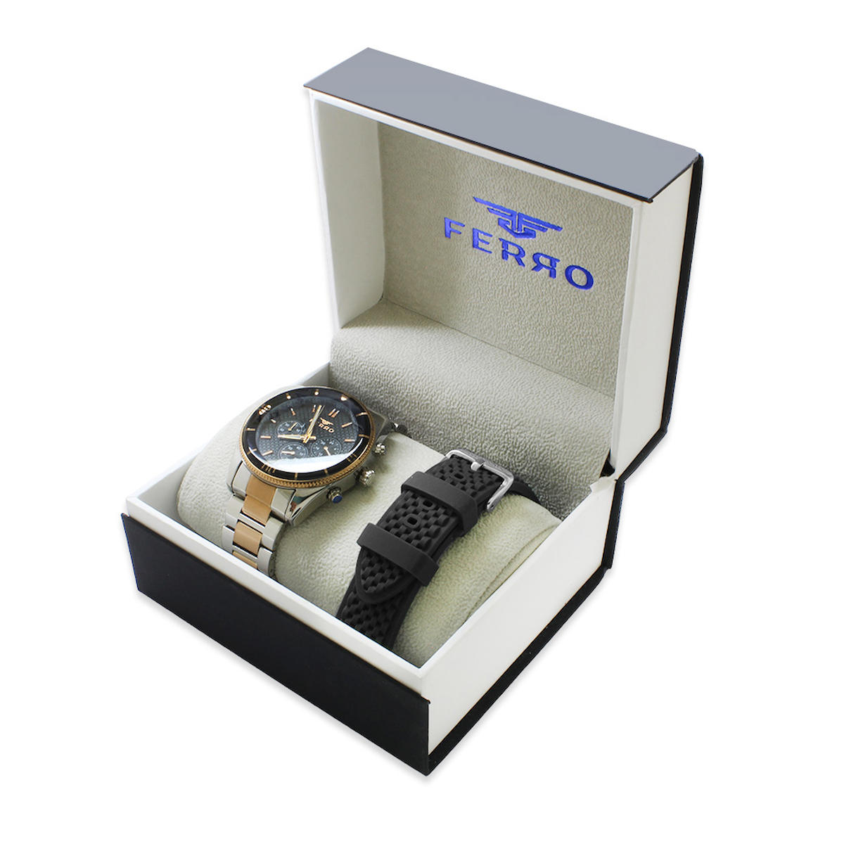 Ferro TH-FM31920D-J Takvimli 44 mm Altın-Çelik - Silikon Kordon Analog Erkek Kol Saati