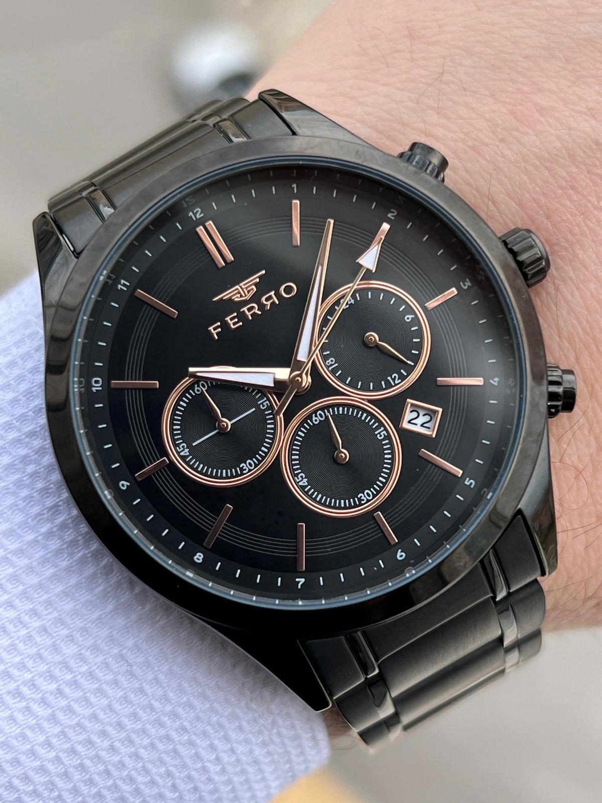 Ferro XF0025 Su Geçirmez Takvimli 44 mm Siyah Çelik Kordon Analog Erkek Kol Saati