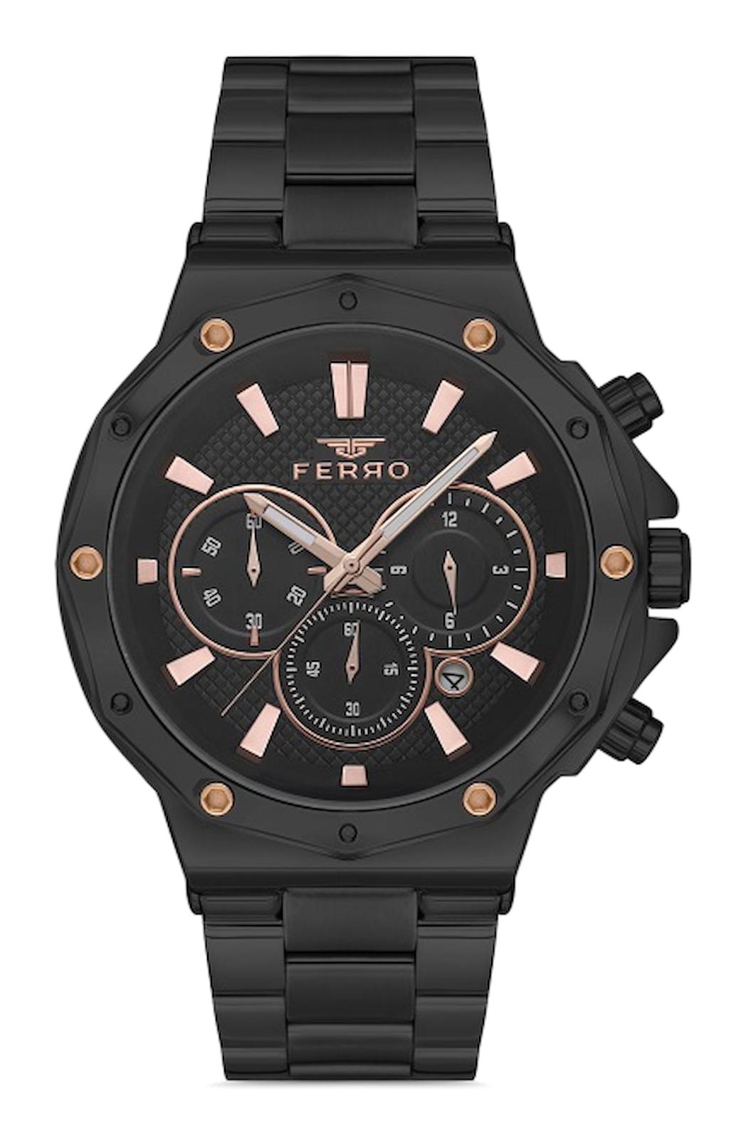 Ferro FM31365A-G Takvimli 45 mm Siyah Metal Kordon Analog Erkek Kol Saati