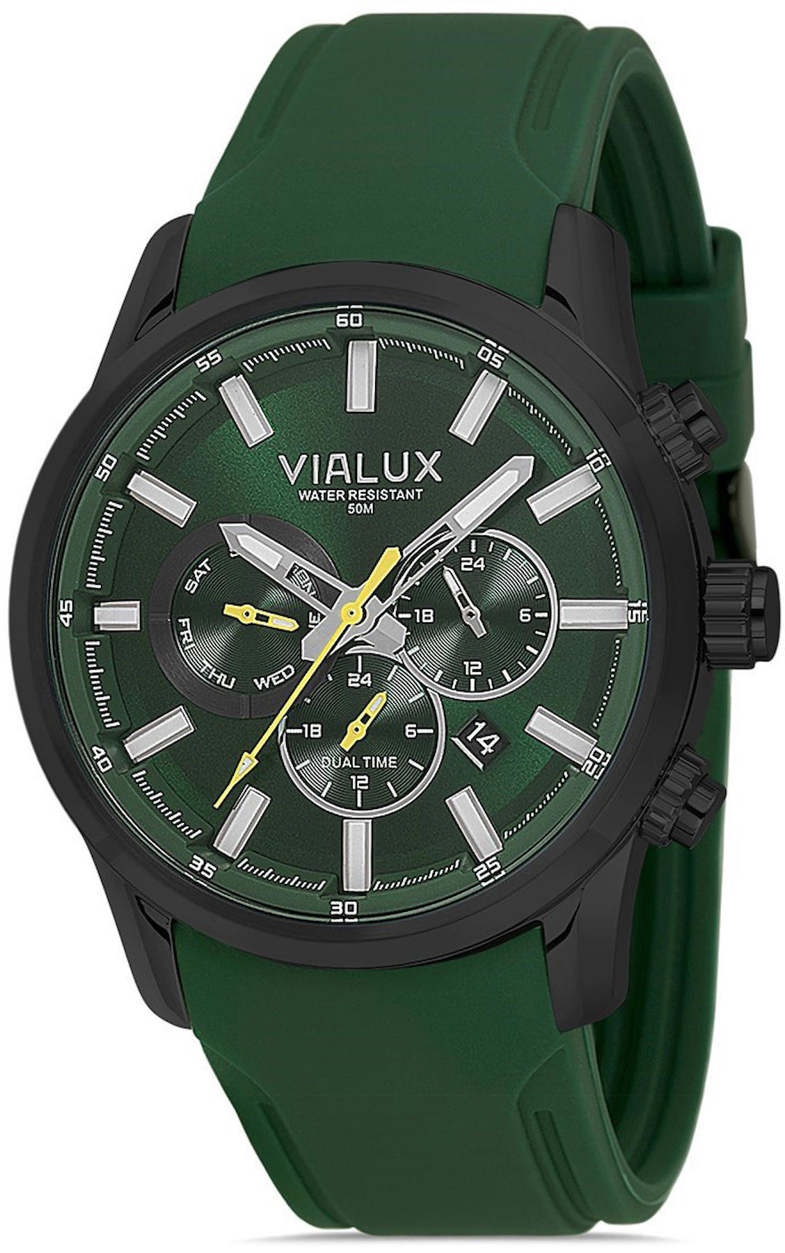 Vialux VX577B-15YS Takvimli 45 mm Yeşil Silikon Kordon Analog Kol Saati