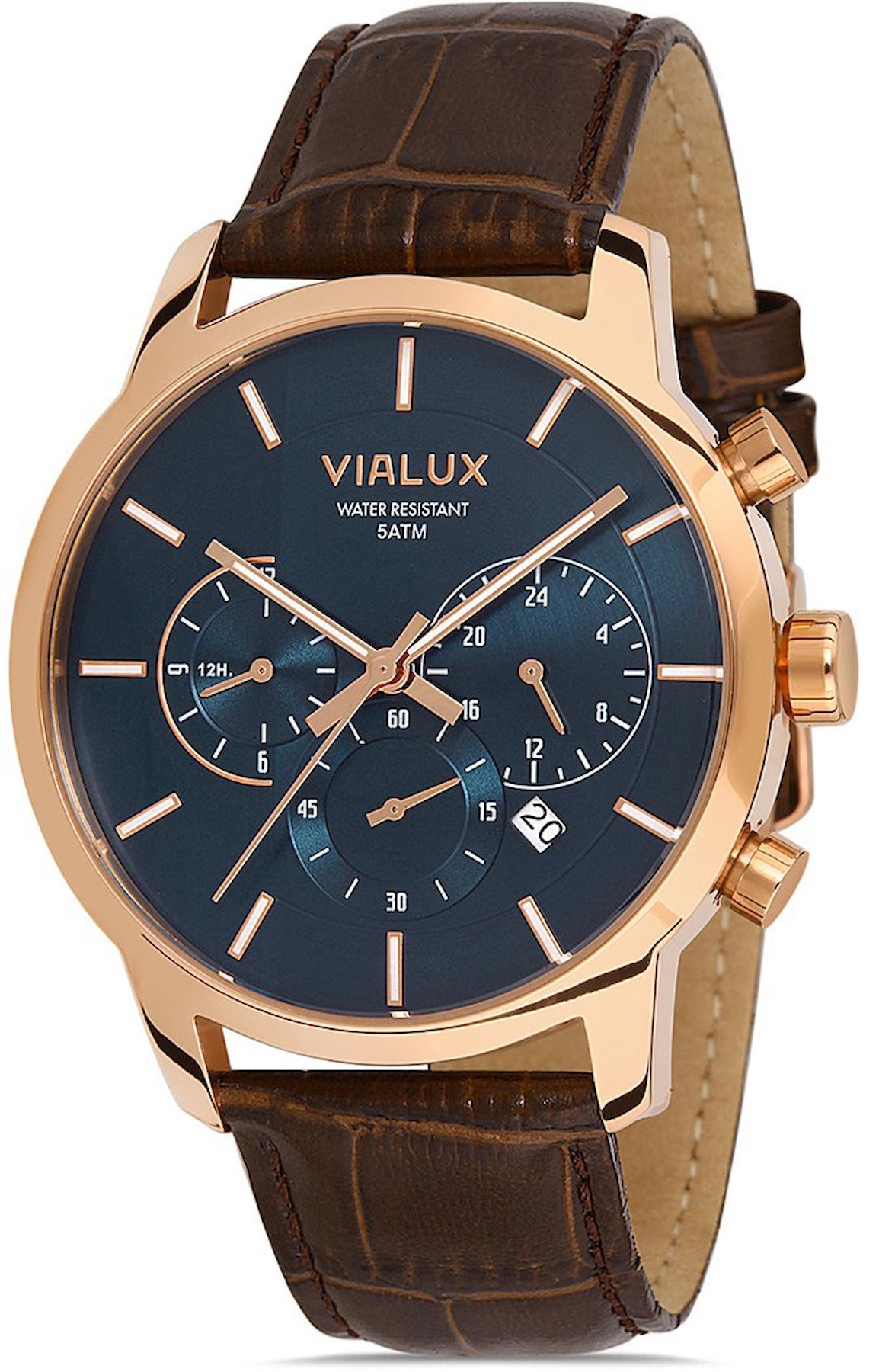 Vialux VX555R-11KR Takvimli 44 mm Kahverengi Deri Kordon Analog Kol Saati