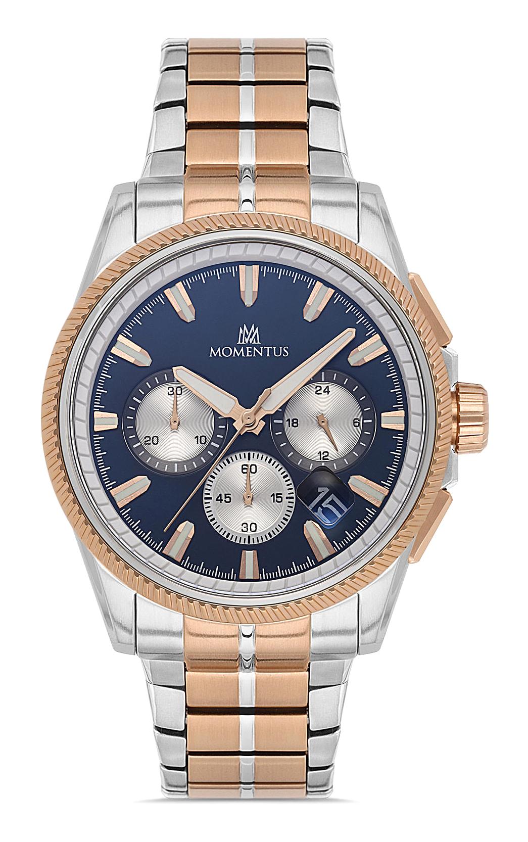 Momentus SM386T-11SR Takvimli 44 mm Altın-Çelik Kordon Analog Erkek Kol Saati