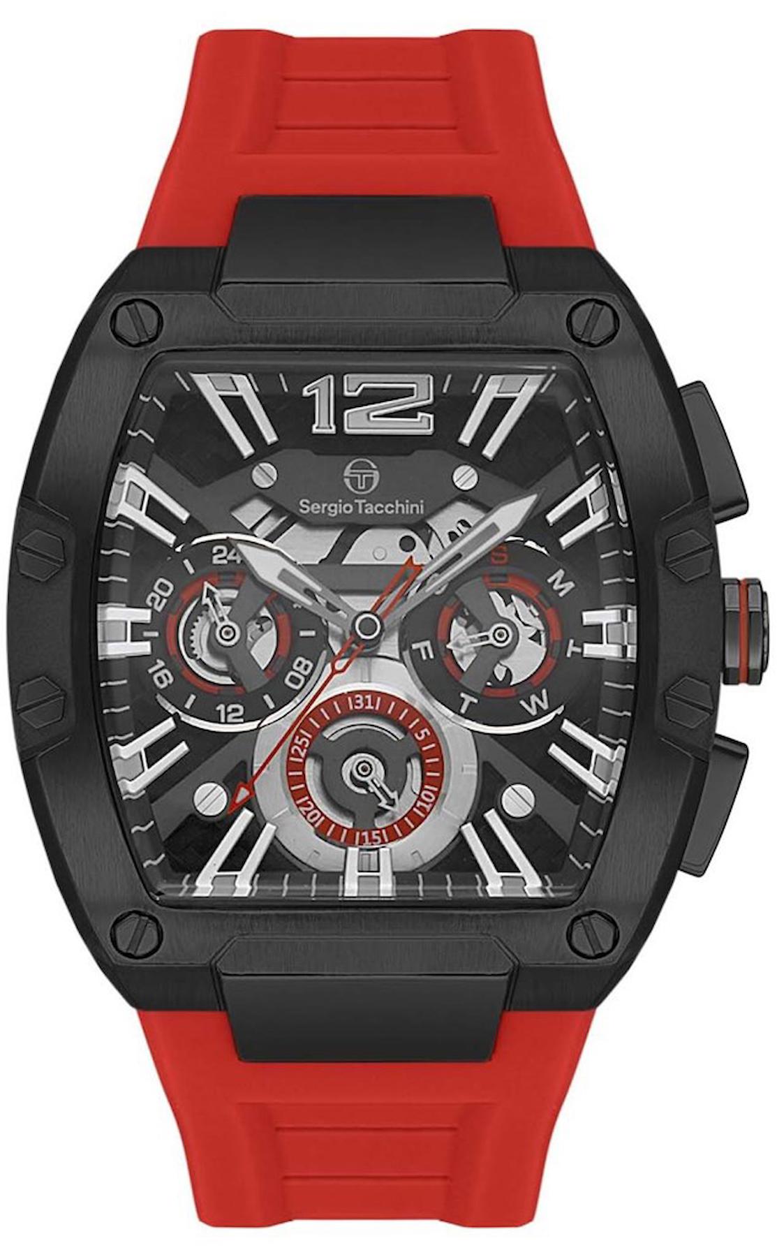 Sergio Tacchini ST.3.10003.5 Pusulalı Takvimli 42 mm Kırmızı Silikon Kordon Analog Erkek Kol Saati