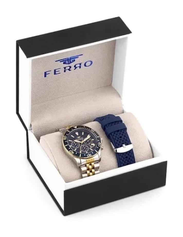 Ferro TH-FM31927DA-A3 Takvimli 44 mm Gri-Sarı Çelik - Silikon Kordon Analog Erkek Kol Saati