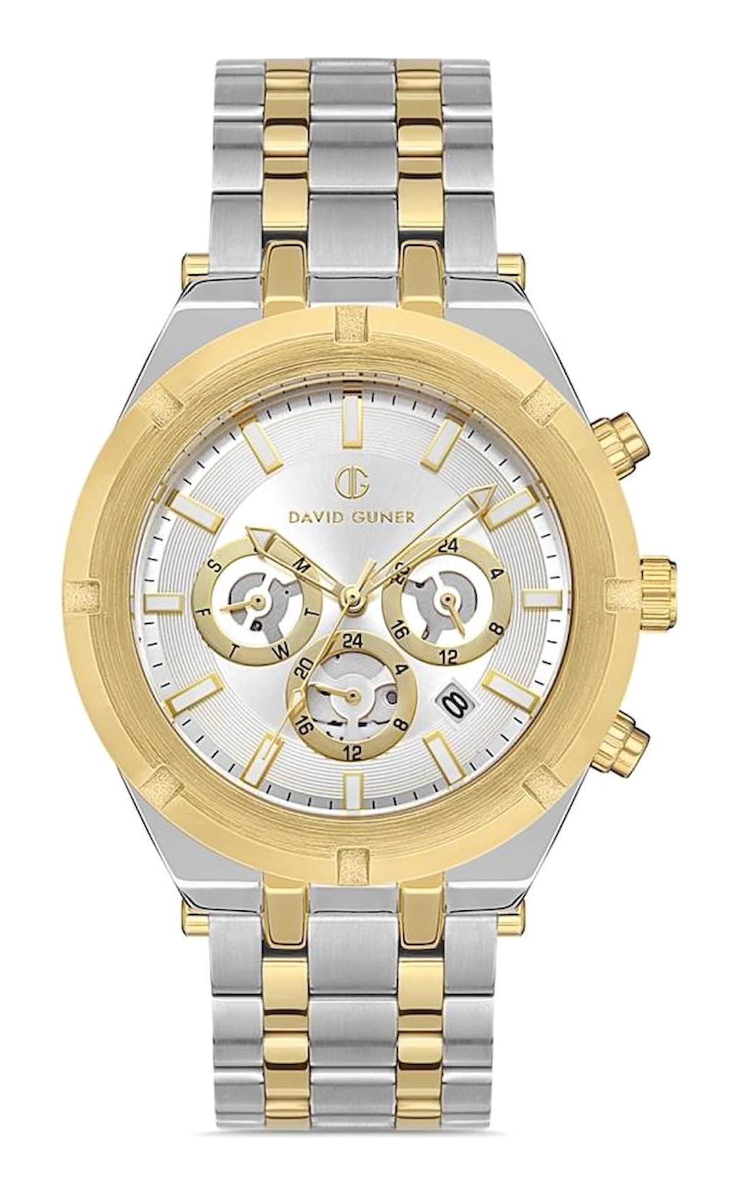 David Guner DG-8336GA-D1 Takvimli 42 mm Altın - Beyaz Çelik Kordon Analog Erkek Kol Saati