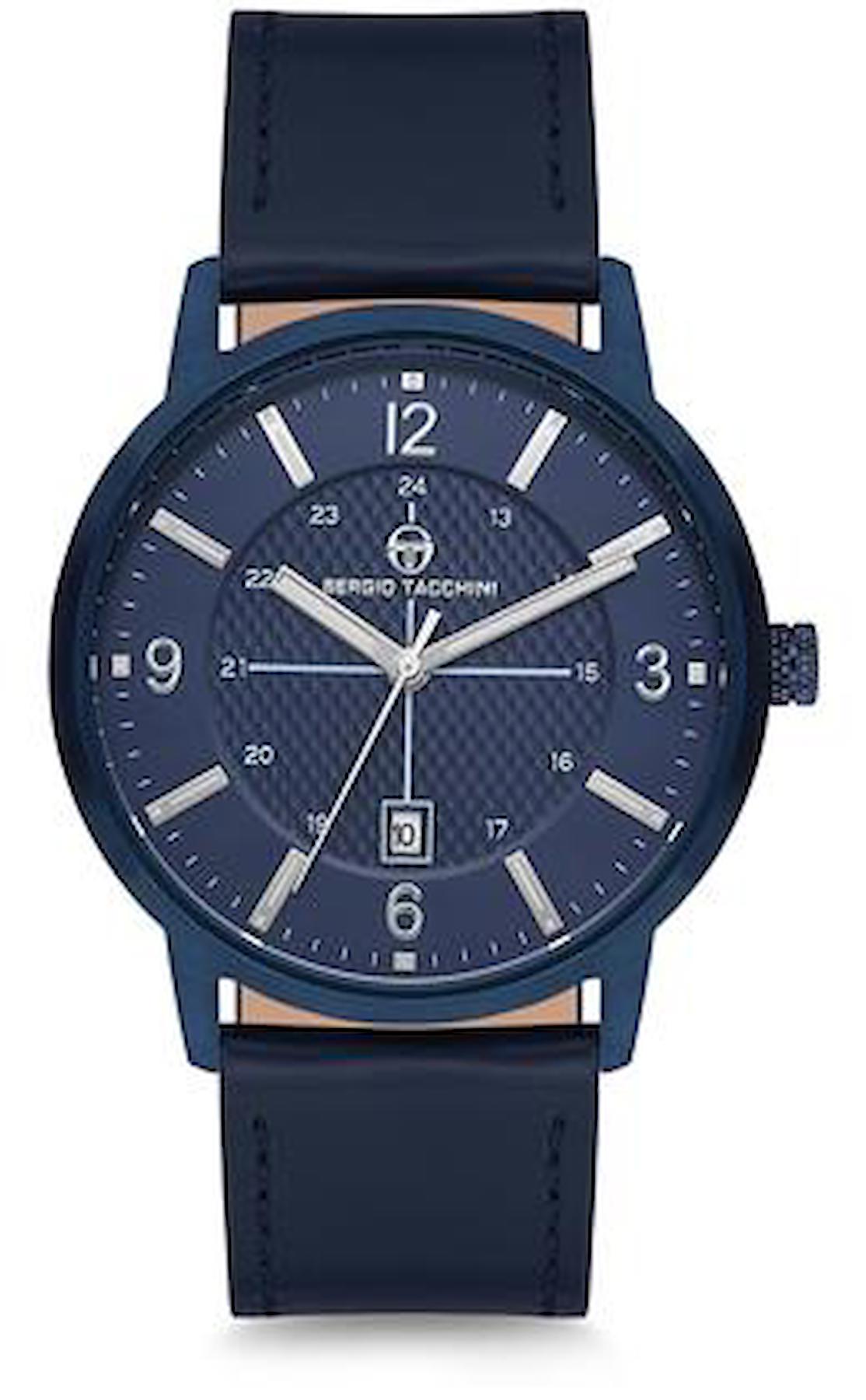 Sergio Tacchini ST.8.121.03 Takvimli 42 mm Lacivert Deri Kordon Analog Erkek Kol Saati