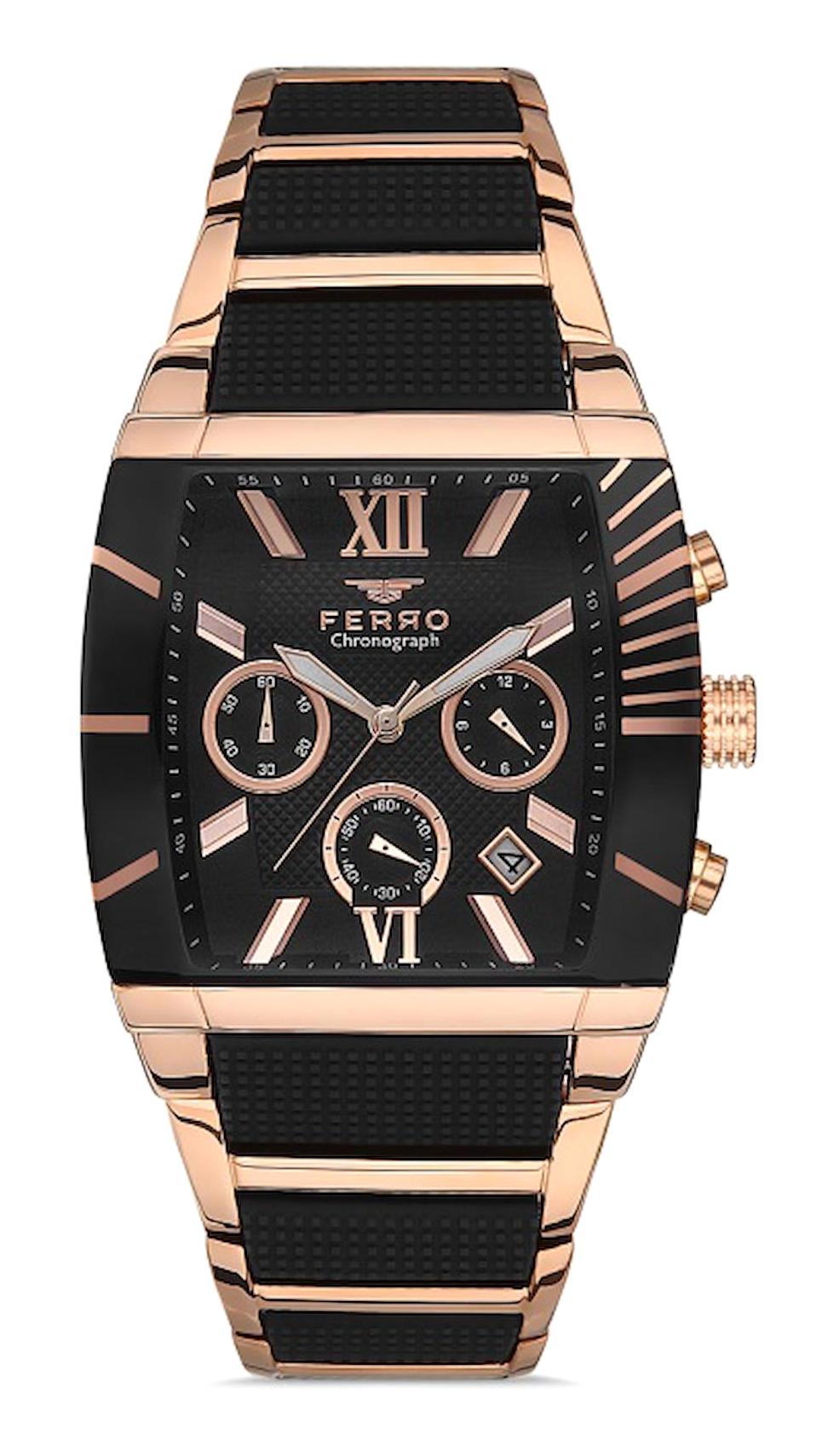 Ferro FM31266A-R Takvimli 40 mm Gri-Rose Gold Metal Kordon Analog Erkek Kol Saati