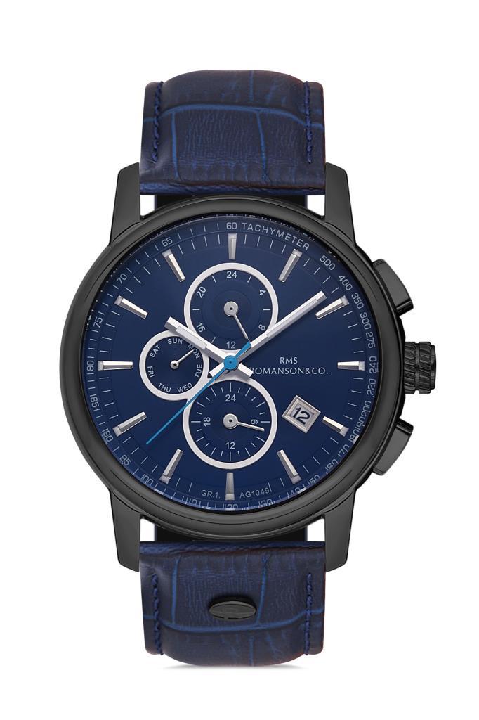 Romanson RMS.1.AG1049.14 Takvimli 46 mm Lacivert Deri Kordon Analog Erkek Kol Saati