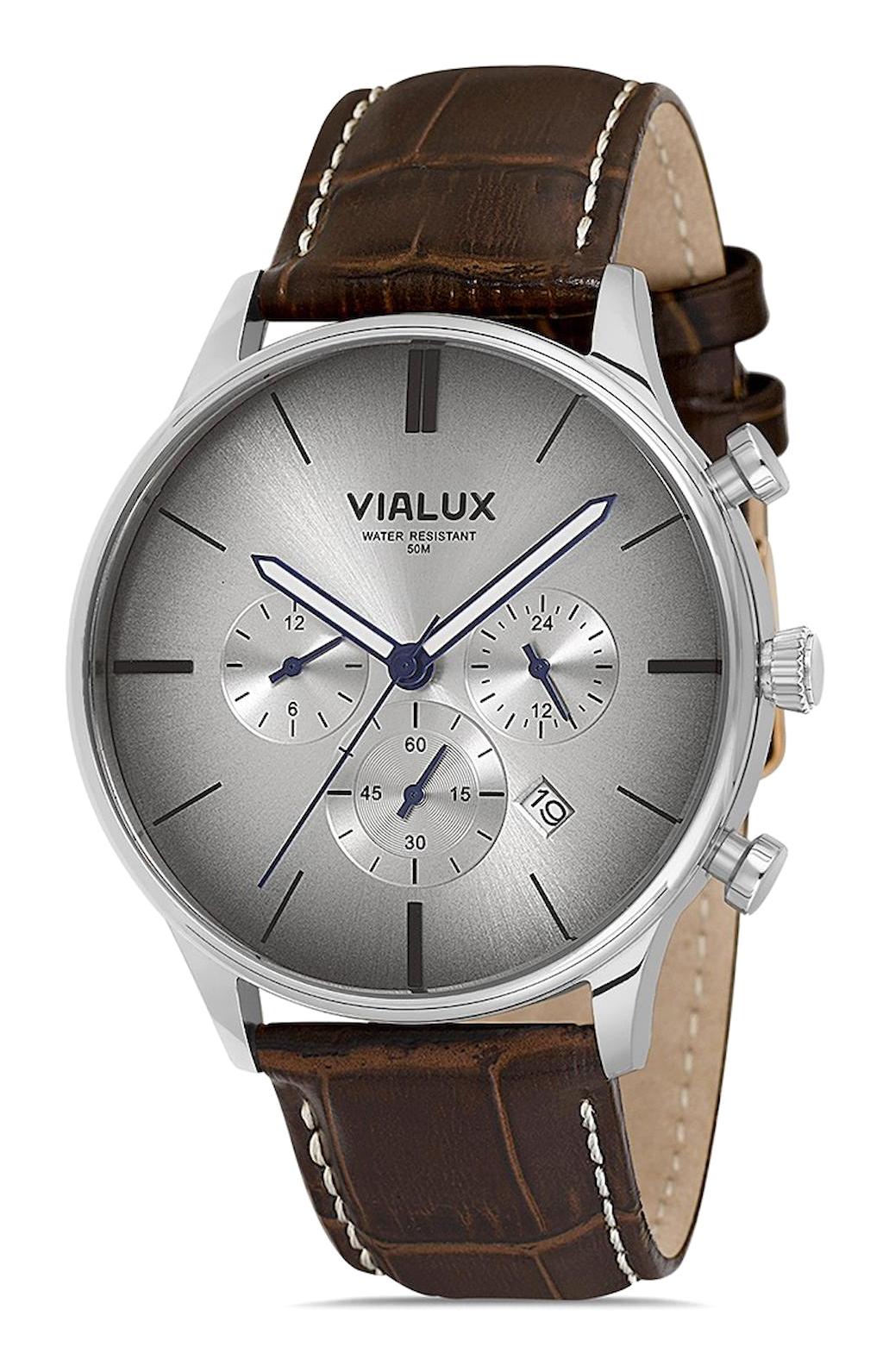 Vialux VX515S-02KS Takvimli 43.5 mm Kahverengi Deri Kordon Analog Erkek Kol Saati
