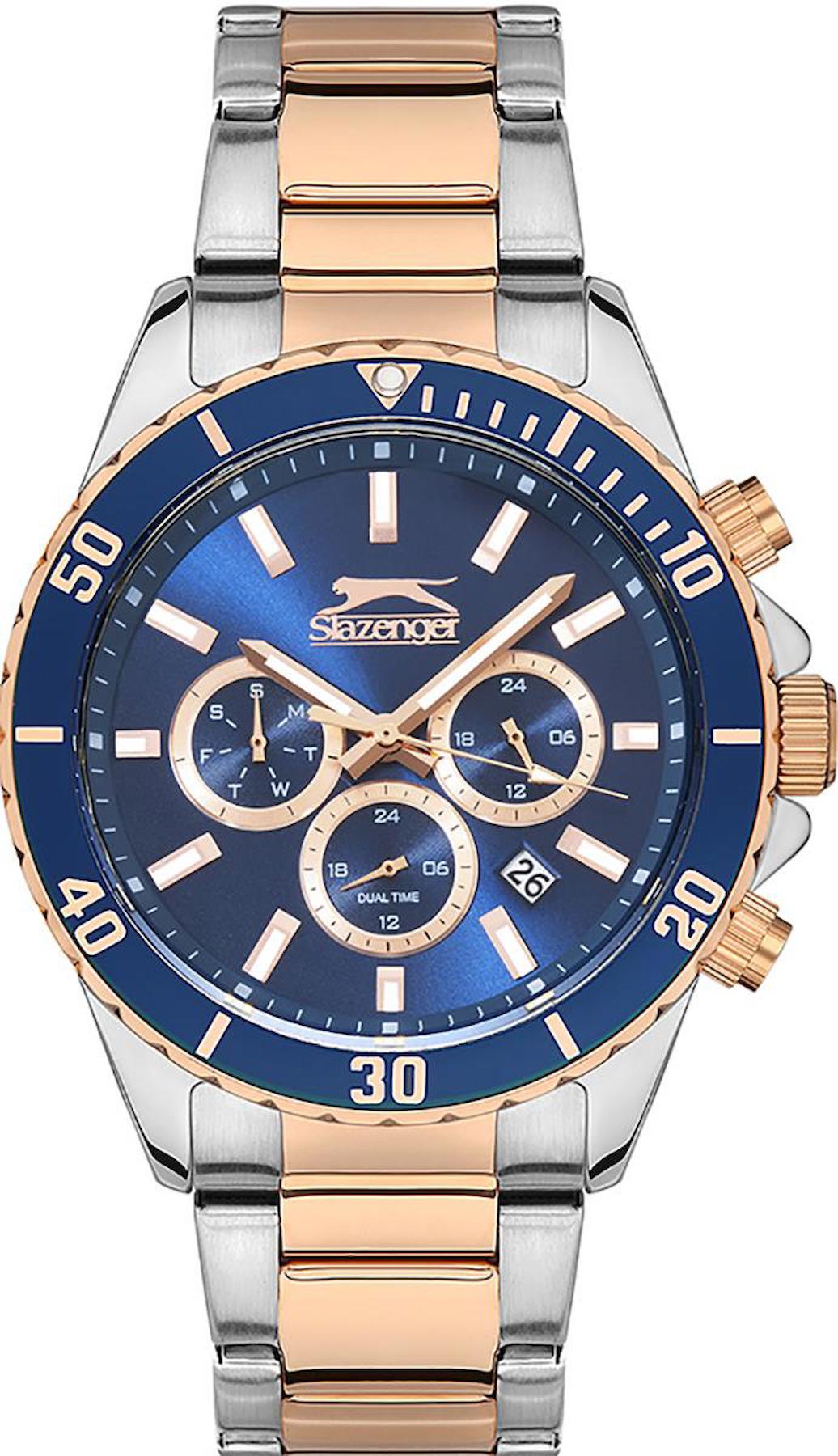 Slazenger SL.09.2091.2.09 Takvimli 44 mm Gri-Rose Gold Metal Kordon Analog Erkek Kol Saati