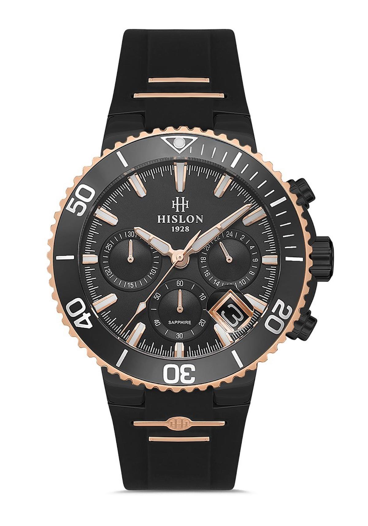 Hislon MS147T-04BR Pusulalı Takvimli 43 mm Siyah Silikon Kordon Analog Erkek Kol Saati