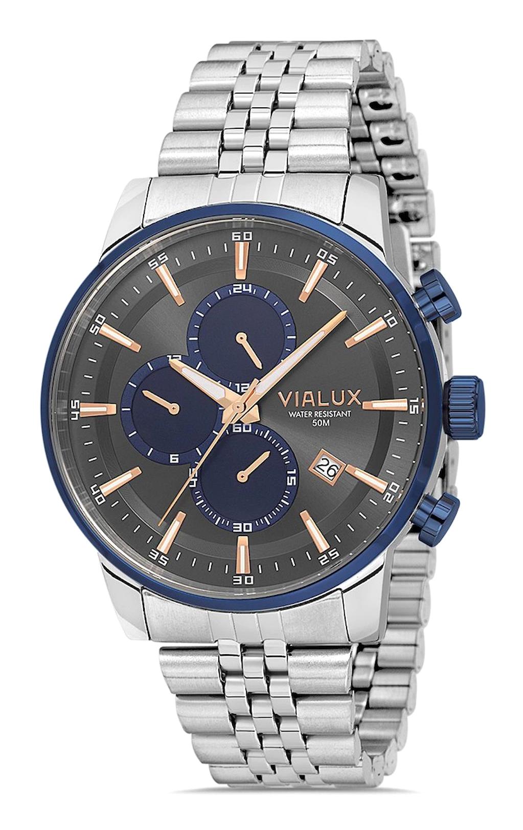 Vialux VX513T-05SM Takvimli 44 mm Çelik Kordon Analog Erkek Kol Saati